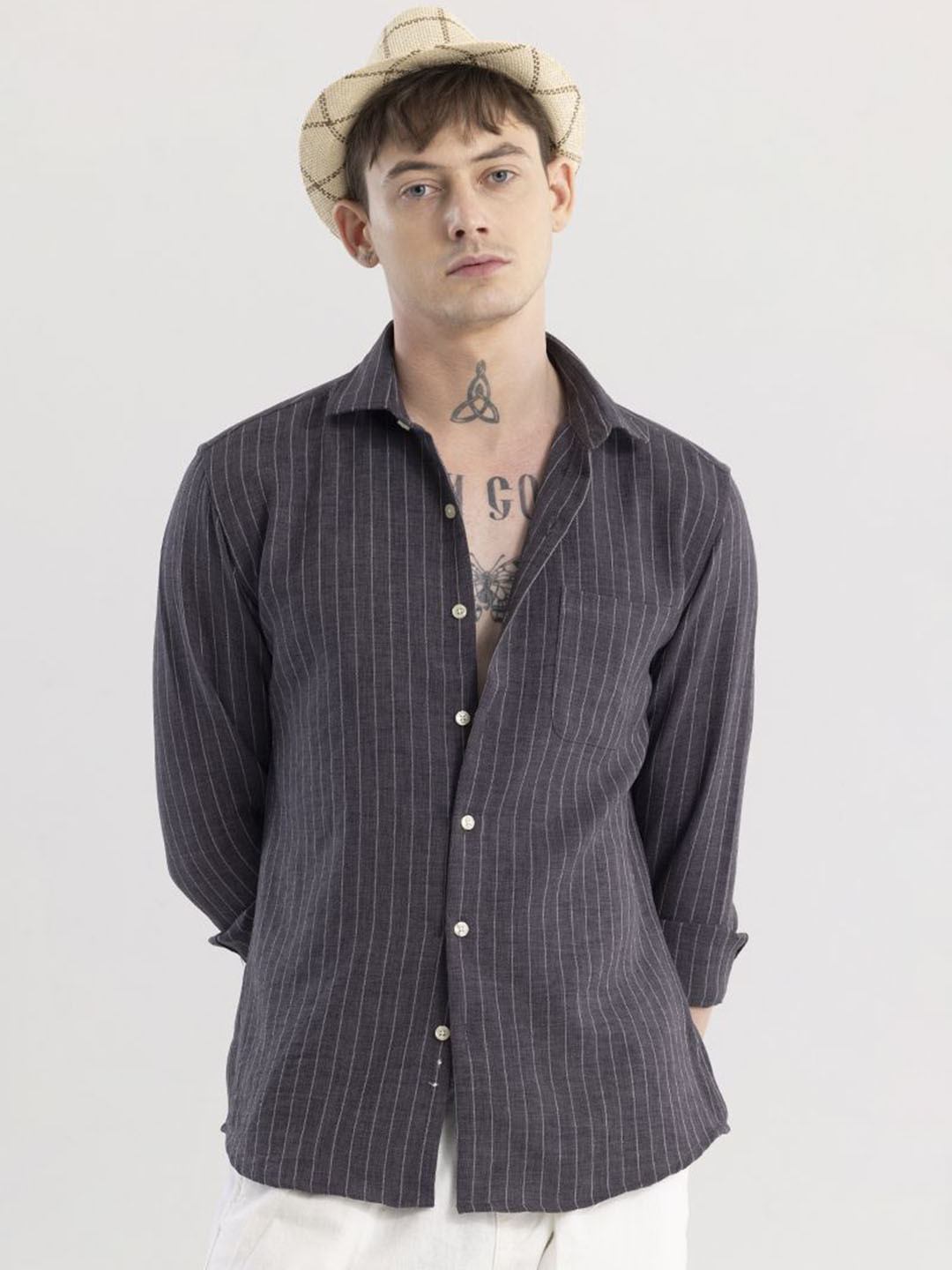 Snitch Classic Charcoal Slim Fit Striped Cotton Casual Shirt