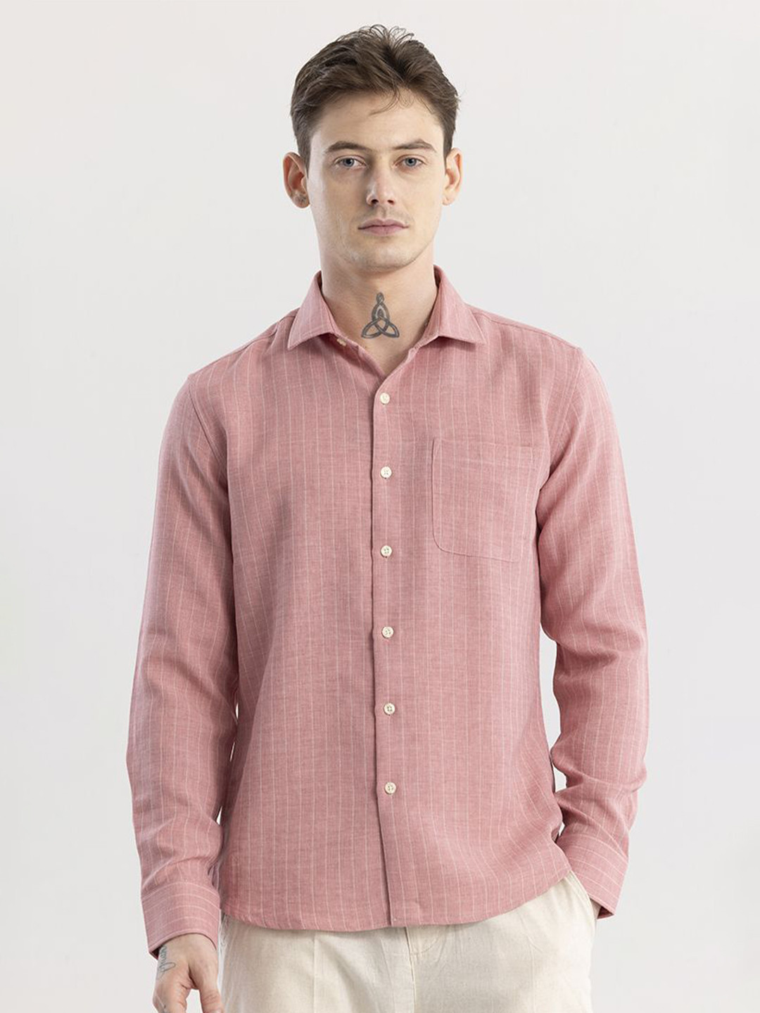 Snitch Peach Coloured & White Striped Classic Slim Fit Cotton Casual Shirt