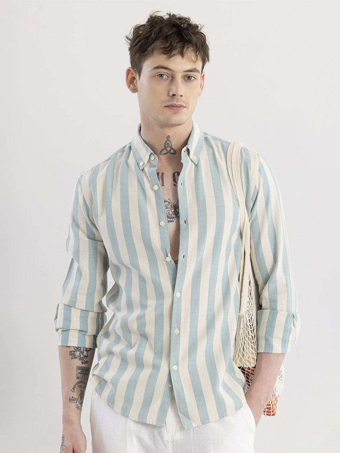 Snitch Classic Blue Slim Fit Button-Down Collar Striped Cotton Casual Shirt