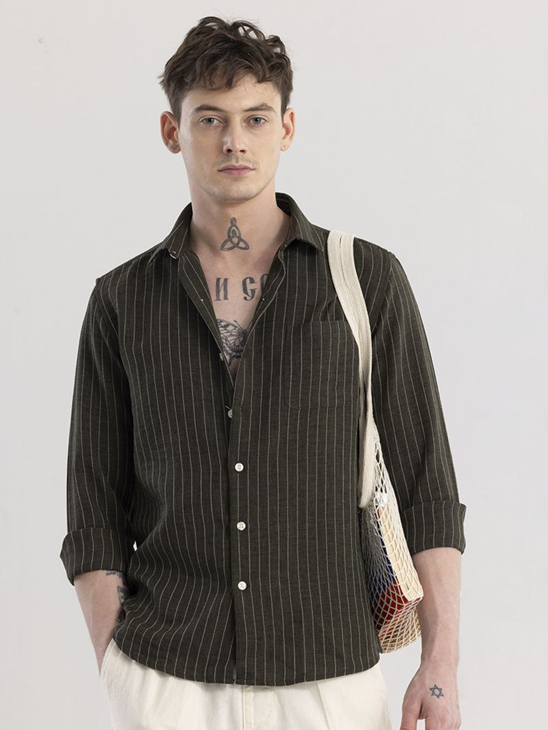 Snitch Classic Olive Slim Fit Spread Collar Striped Cotton Casual Shirt