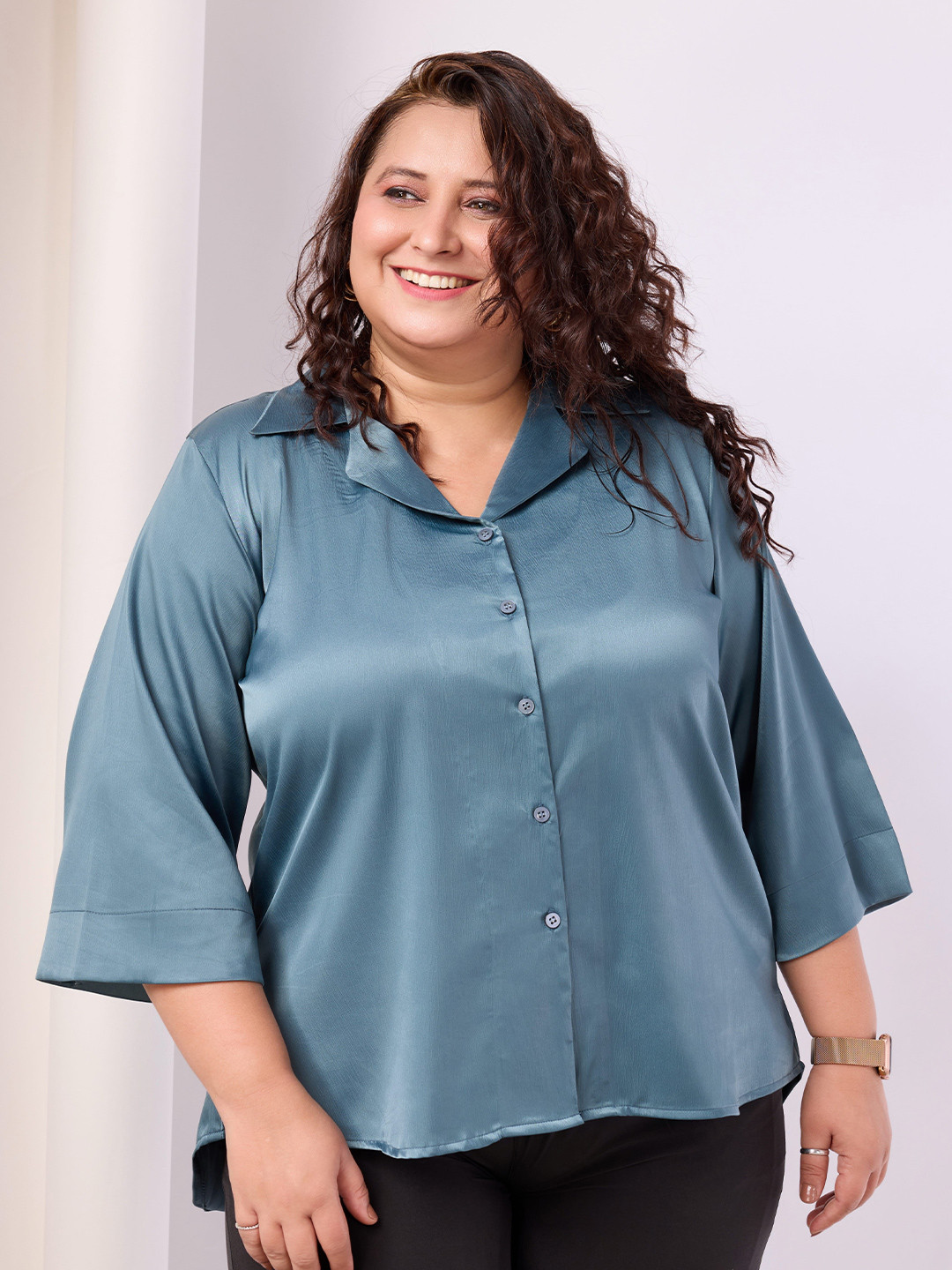 RACHNA Spread Collar Flared Sleeves Satin Regular Fit Casual Plus Size Shirt