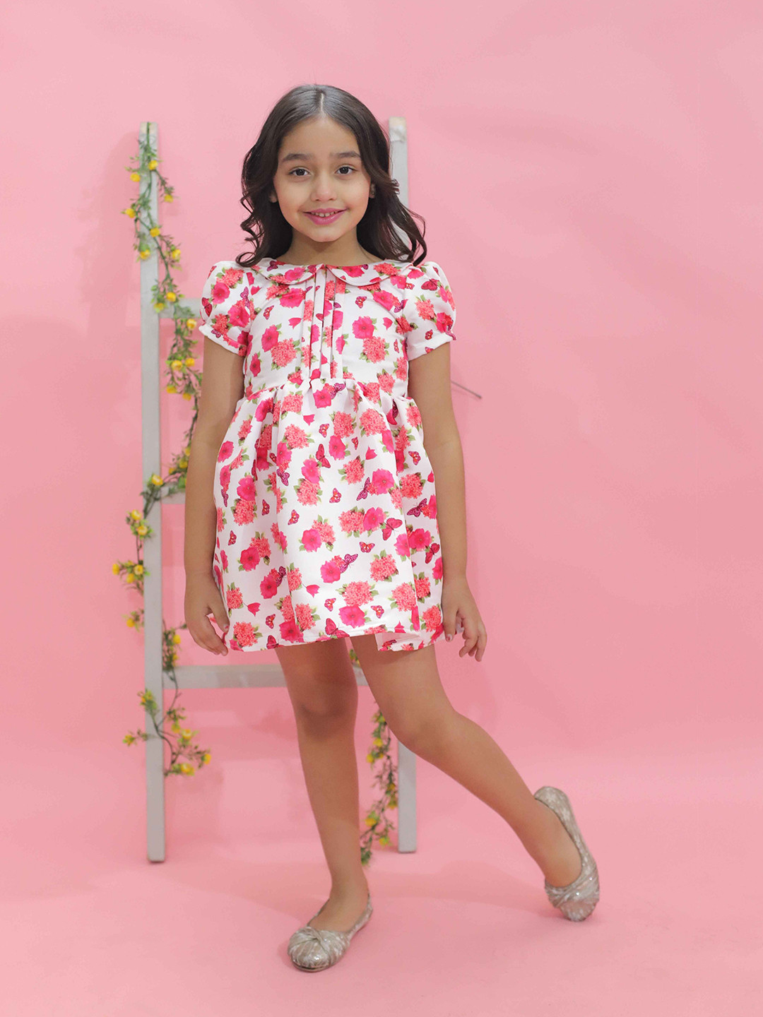 KidsDew Girls Floral Printed Peterpan Collor Satin A-Line Dress