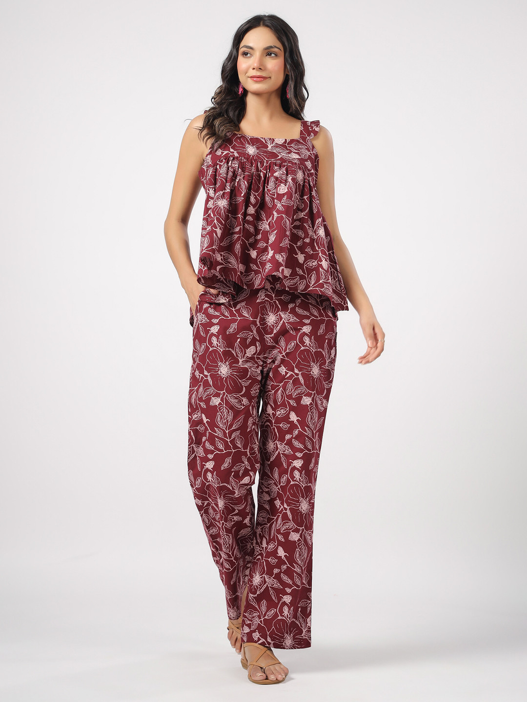 JISORA White Floral Printed Shoulder Straps Pure Cotton Top with Trousers Co-Ord Set
