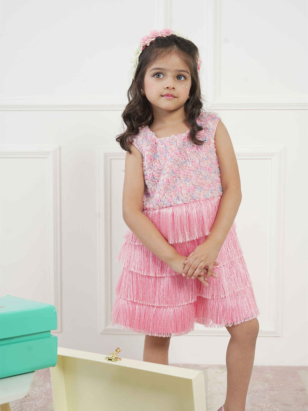 HOITY MOPPET Girls Self Design Round Neck Sleeveless Silk Fit and Flare Dress