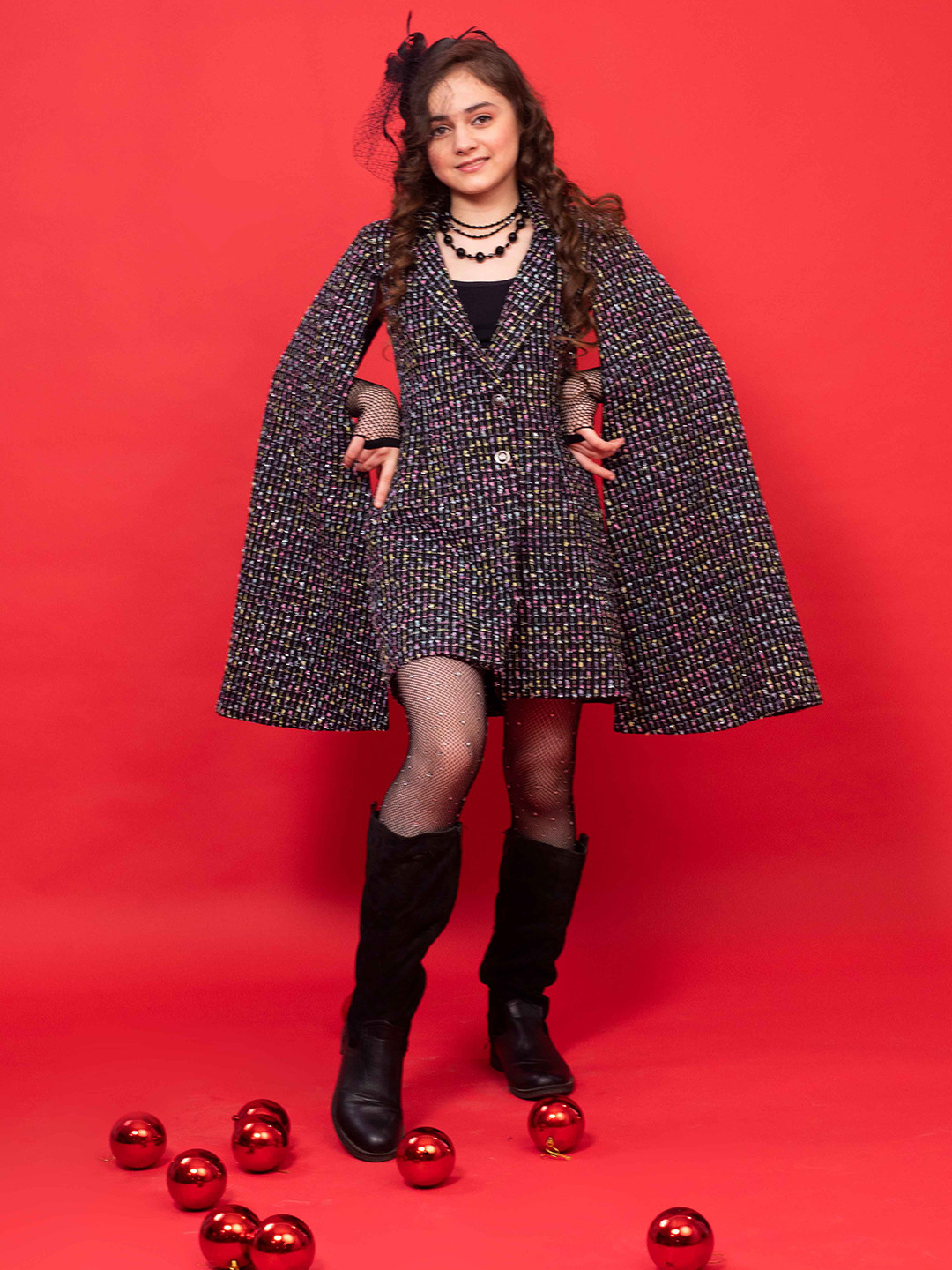 HOITY MOPPET Girls Self Design V-Neck Long Cape Sleeves Silk A-Line Coat Dress