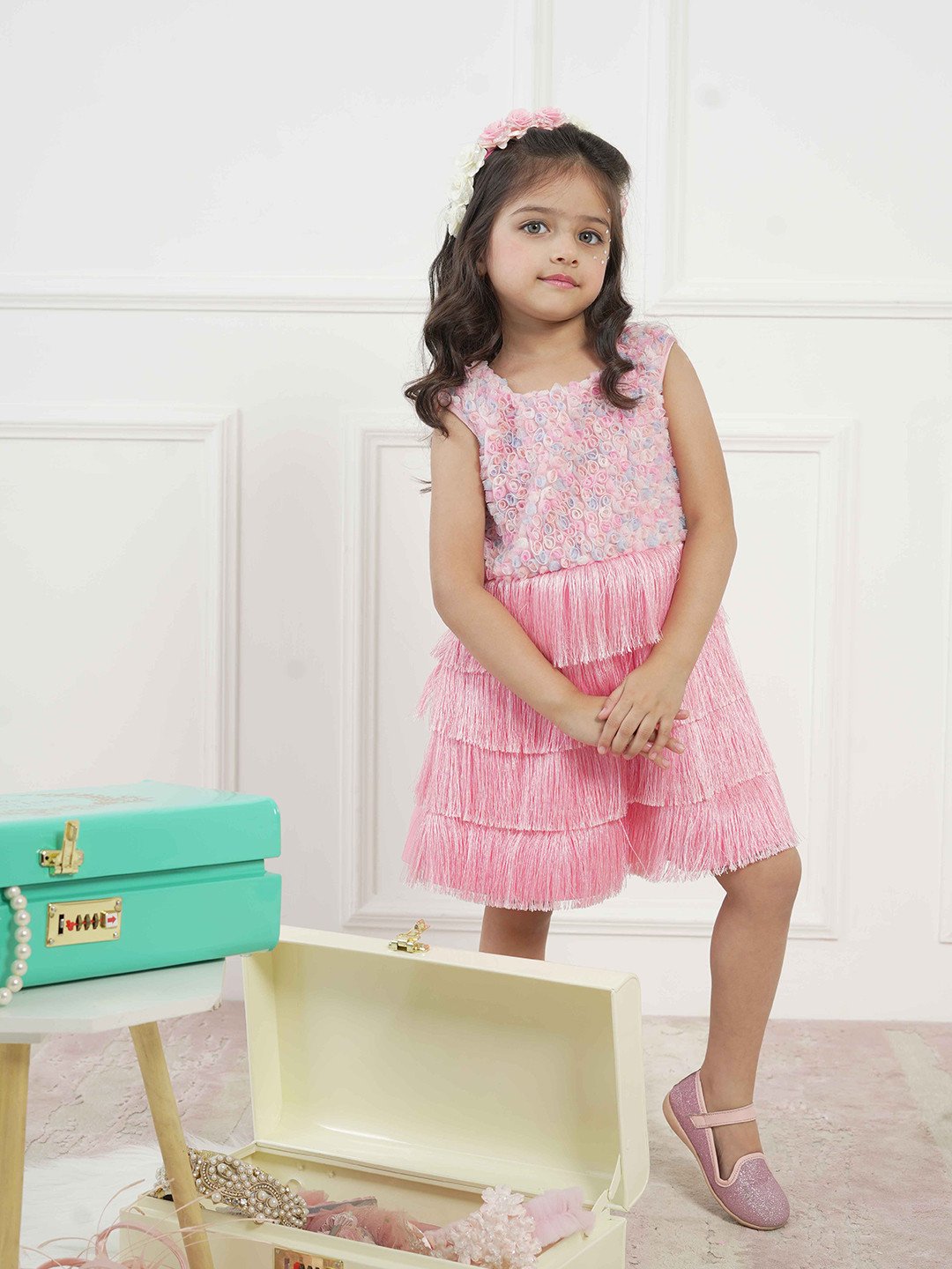 HOITY MOPPET Girls Self Design Round Neck Sleeveless Silk Fit and Flare Dress