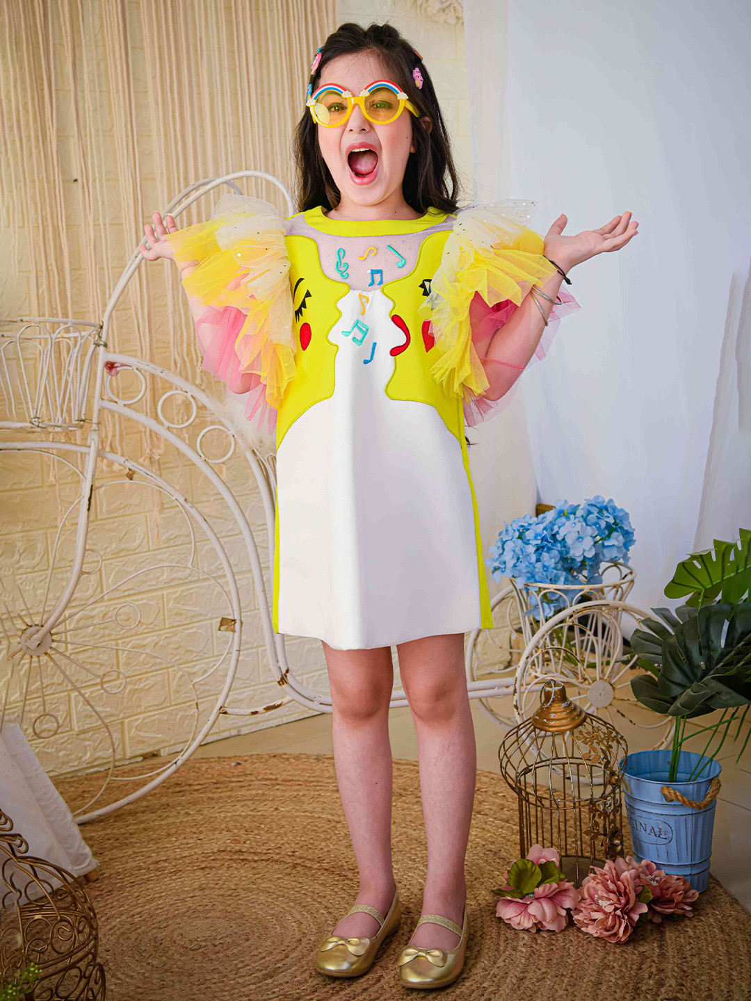 HOITY MOPPET Girls Colourblocked Applique Round Neck Flutter Sleeves Silk A-Line Dress