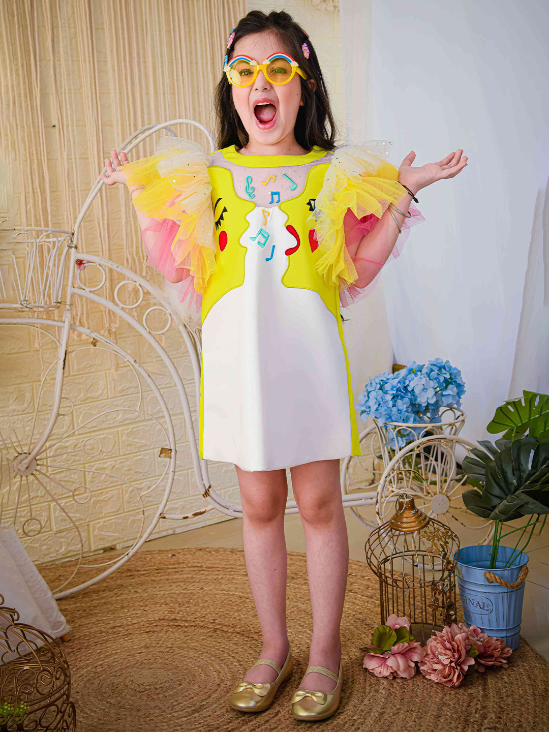 HOITY MOPPET Girls Colourblocked Applique Round Neck Flutter Sleeves Silk A-Line Dress