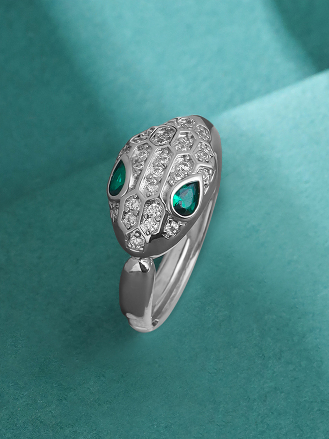 Yellow Chimes Rhodium-Plated Cubic Zirconia Studded Snake-Design Finger Ring