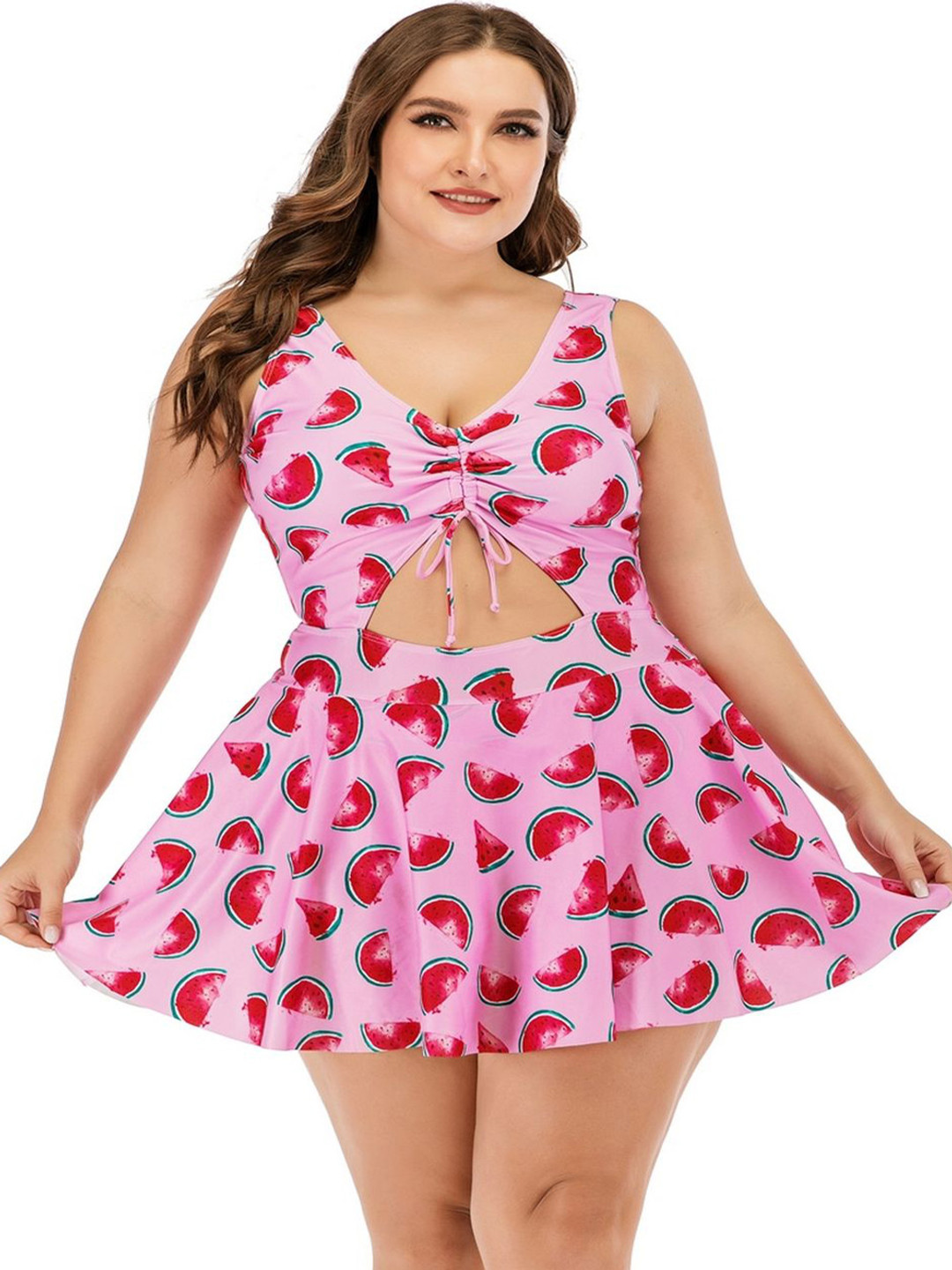 Plus Curvves Abstracted Printed V-Neck Swim Dress