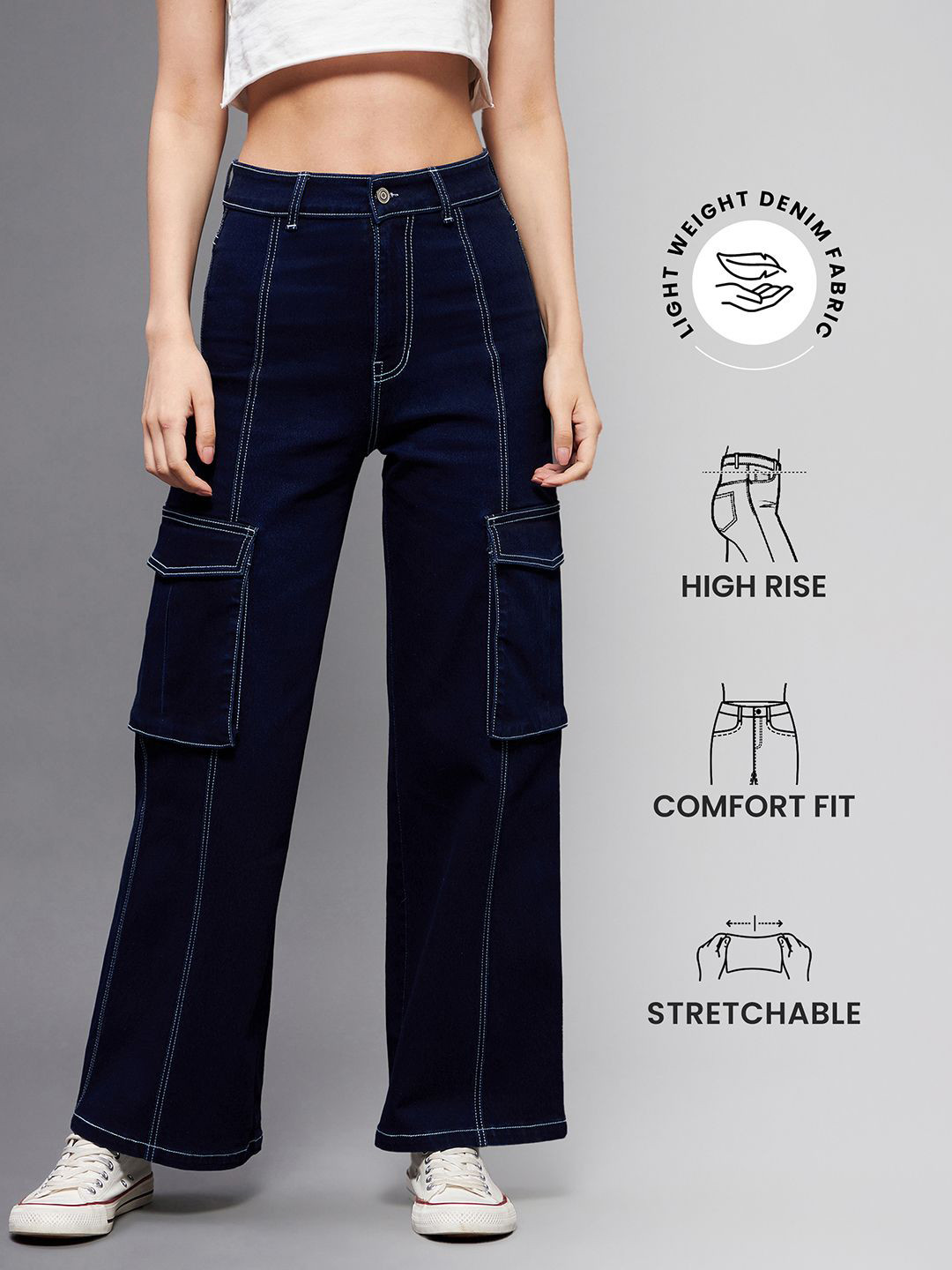 Miss Chase Women Clean Look No Fade Dark Shade Wide Leg High-Rise Stretchable Jeans