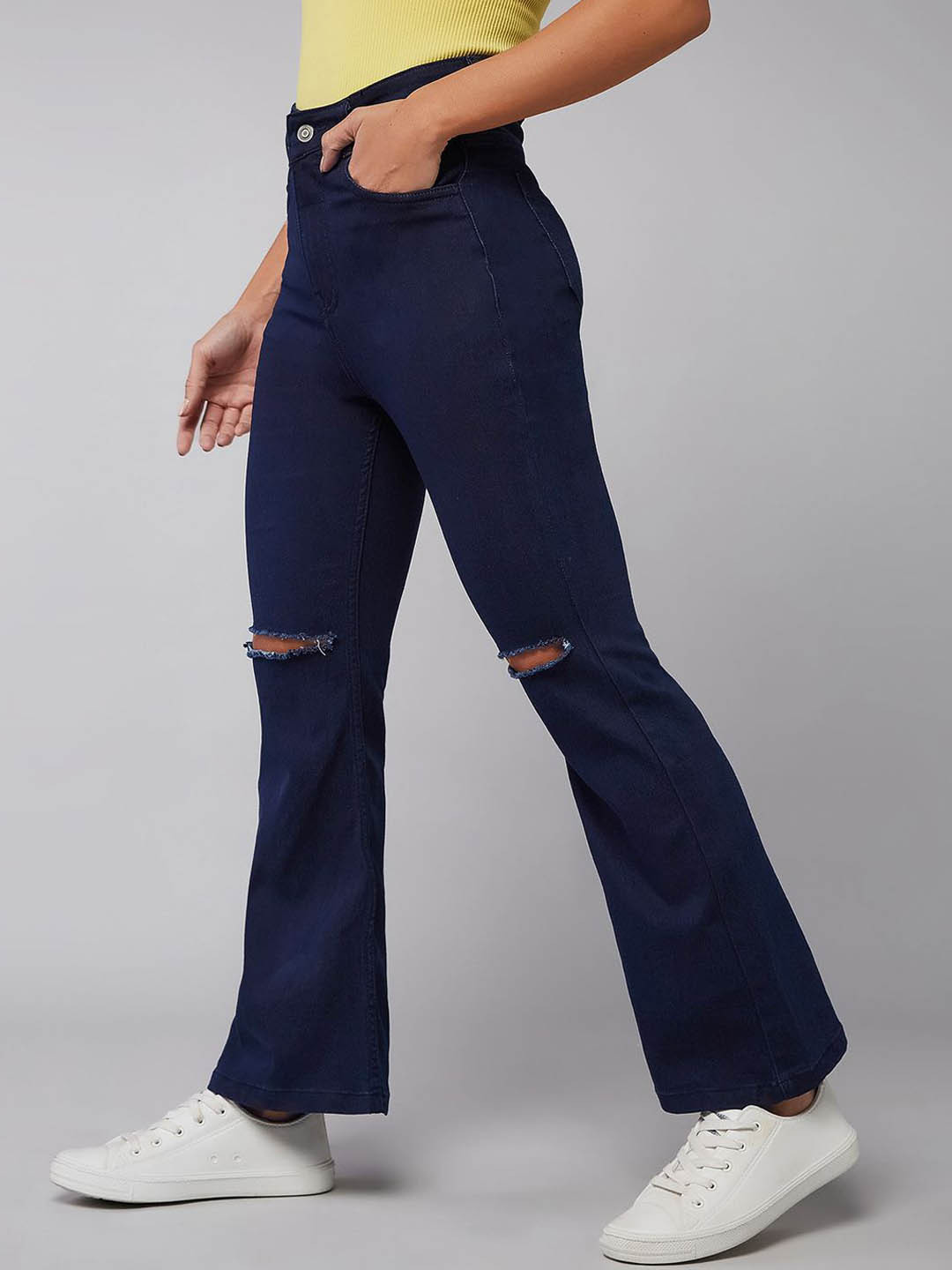 Miss Chase Women Bootcut High-Rise Slash Knee Cotton Denim Stretchable Jeans