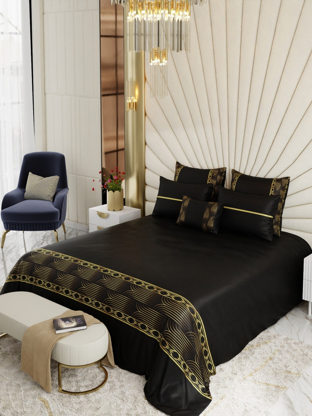 Stoa Paris Black Midnight Gala Super King Crown of Versailles Satin Bedsheet Set