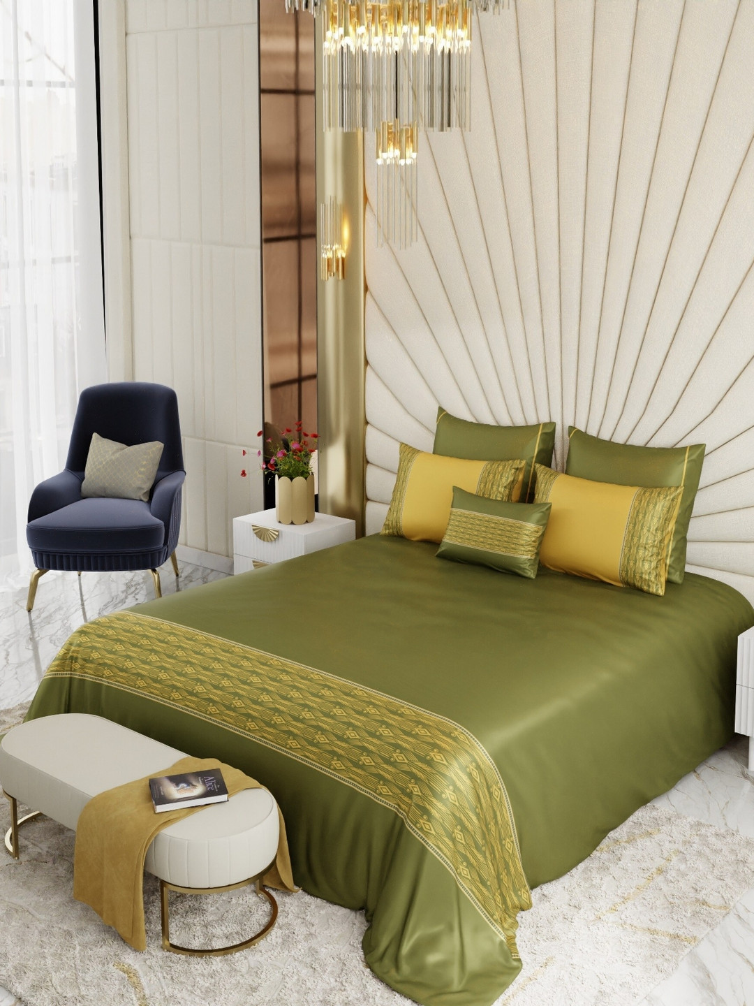 Stoa Paris Olive Regal Olive Super King Crown of Versailles Satin Bedsheet Set