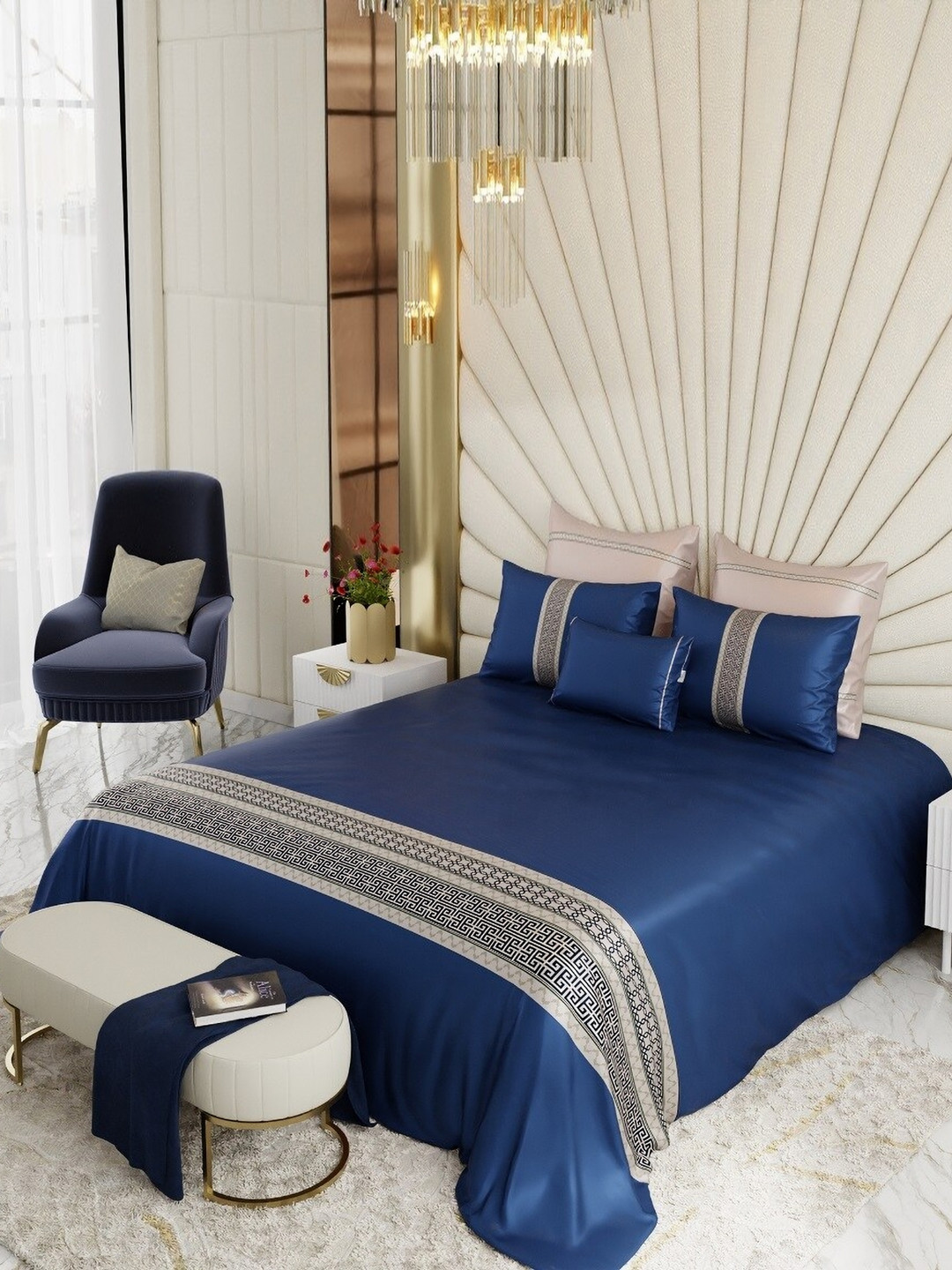 Stoa Paris Navy Sapphire Splendour Super King Crown of Versailles Satin Bedsheet Set