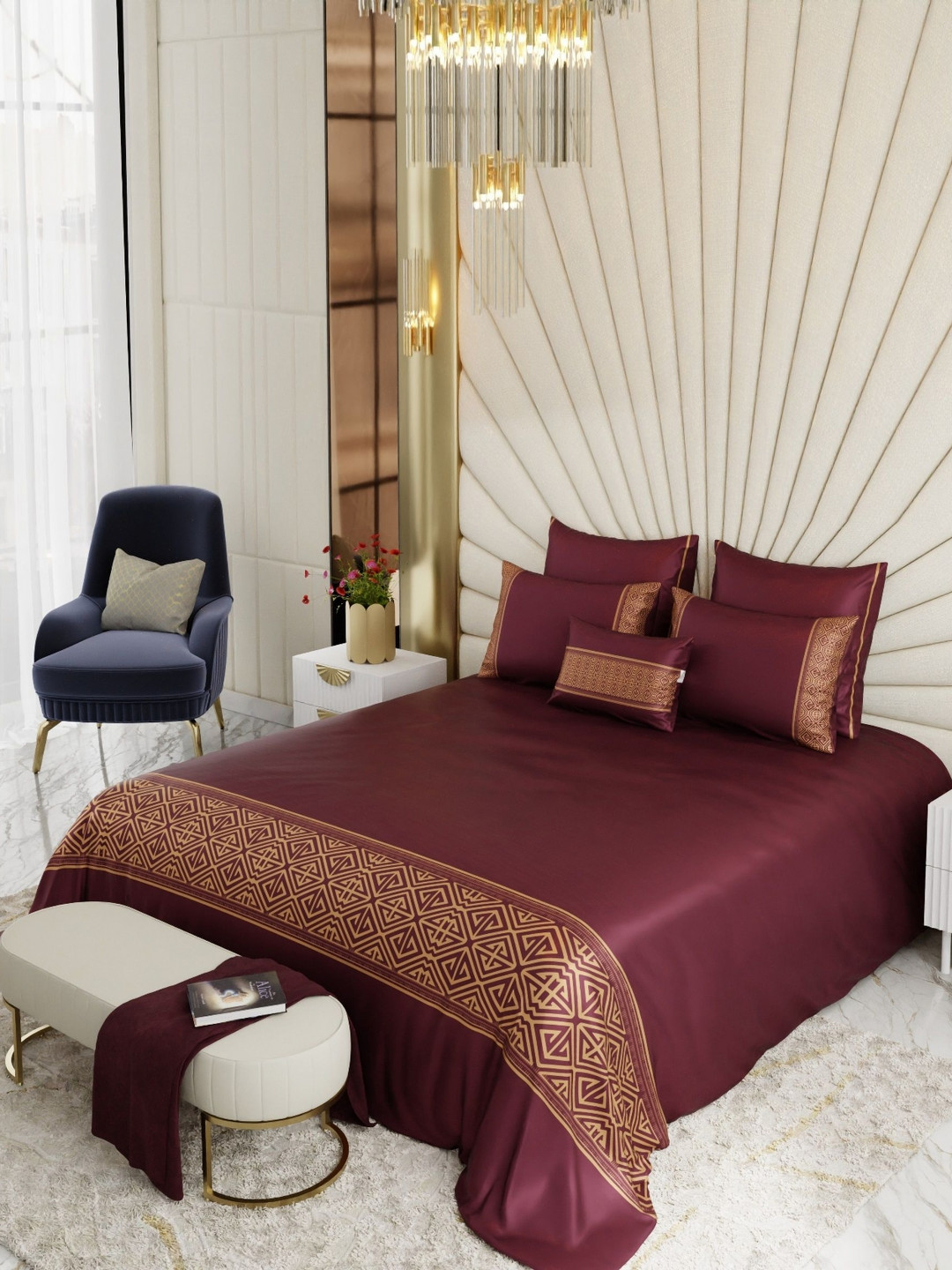 Stoa Paris Majesty Merlot Burgundy Geometric Polyester 300 TC King Fine Bedsheet with 2 Pillow Covers-108 x 108 inches