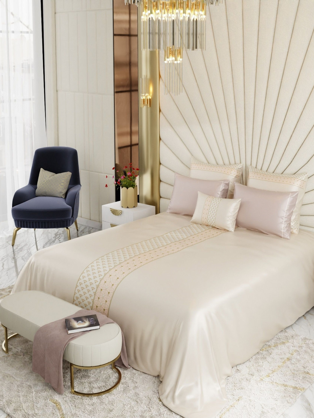 Stoa Paris Ivory Queen's Blush Super King Crown of Versailles Satin Bedsheet Set