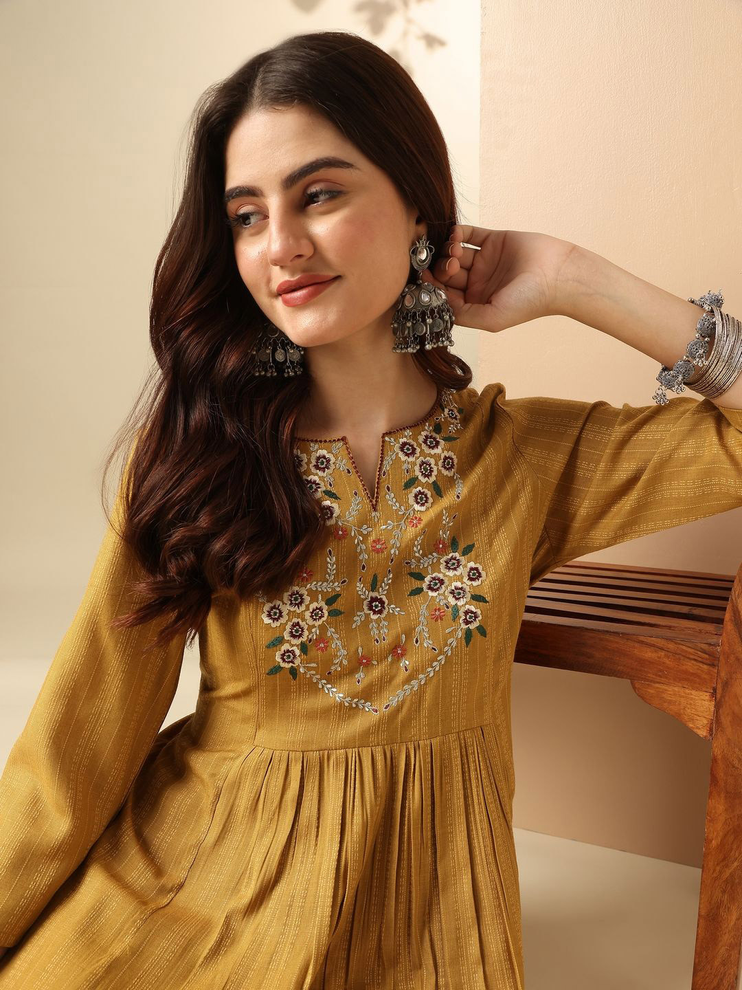 Anouk Floral Embroidered Botch Neck A-line Top