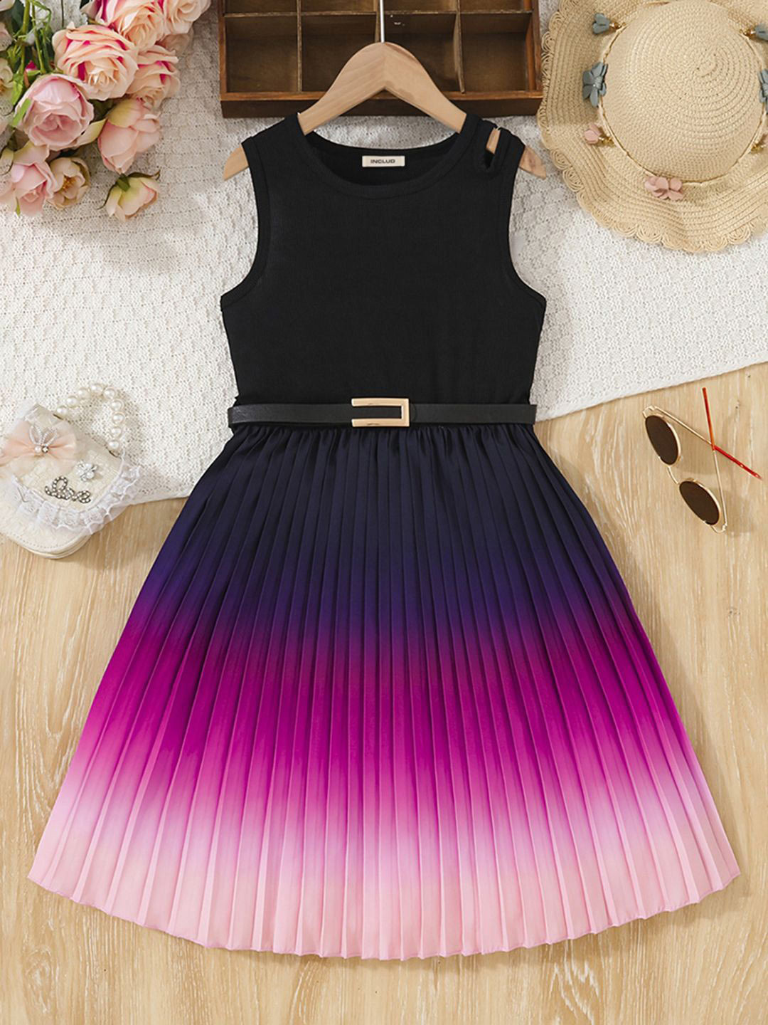 INCLUD Girls Ombre Sleeveless Pleated Fit & Flare Dress