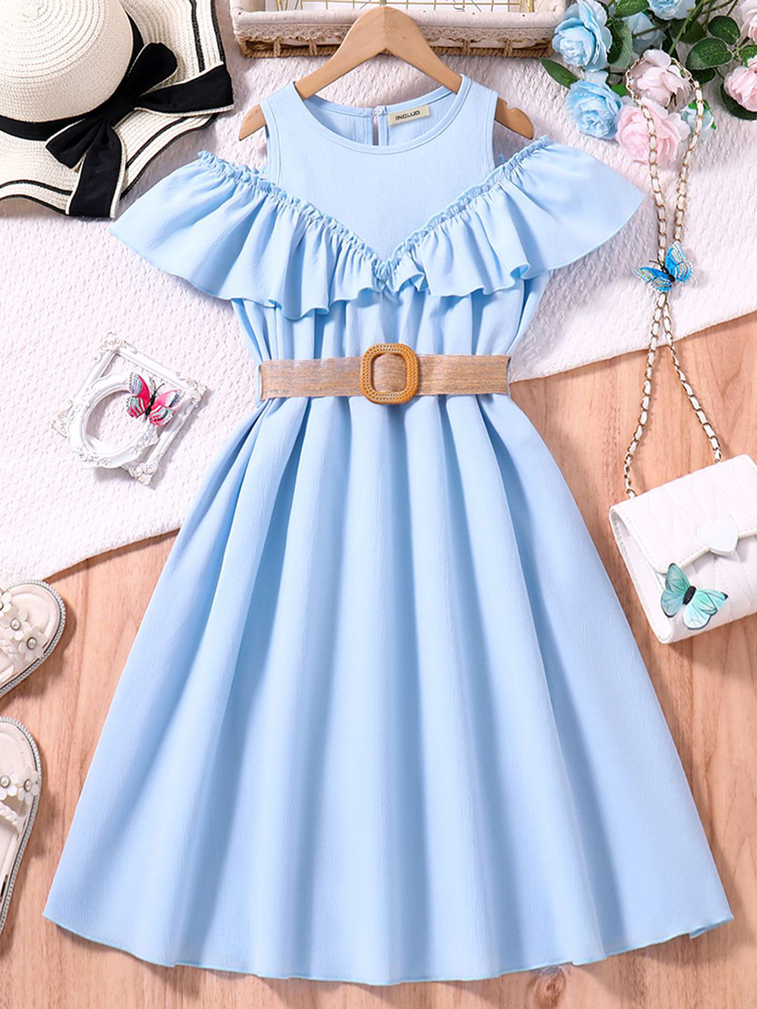 INCLUD Girls Cold-Shoulder Sleeve Fit & Flare Dress