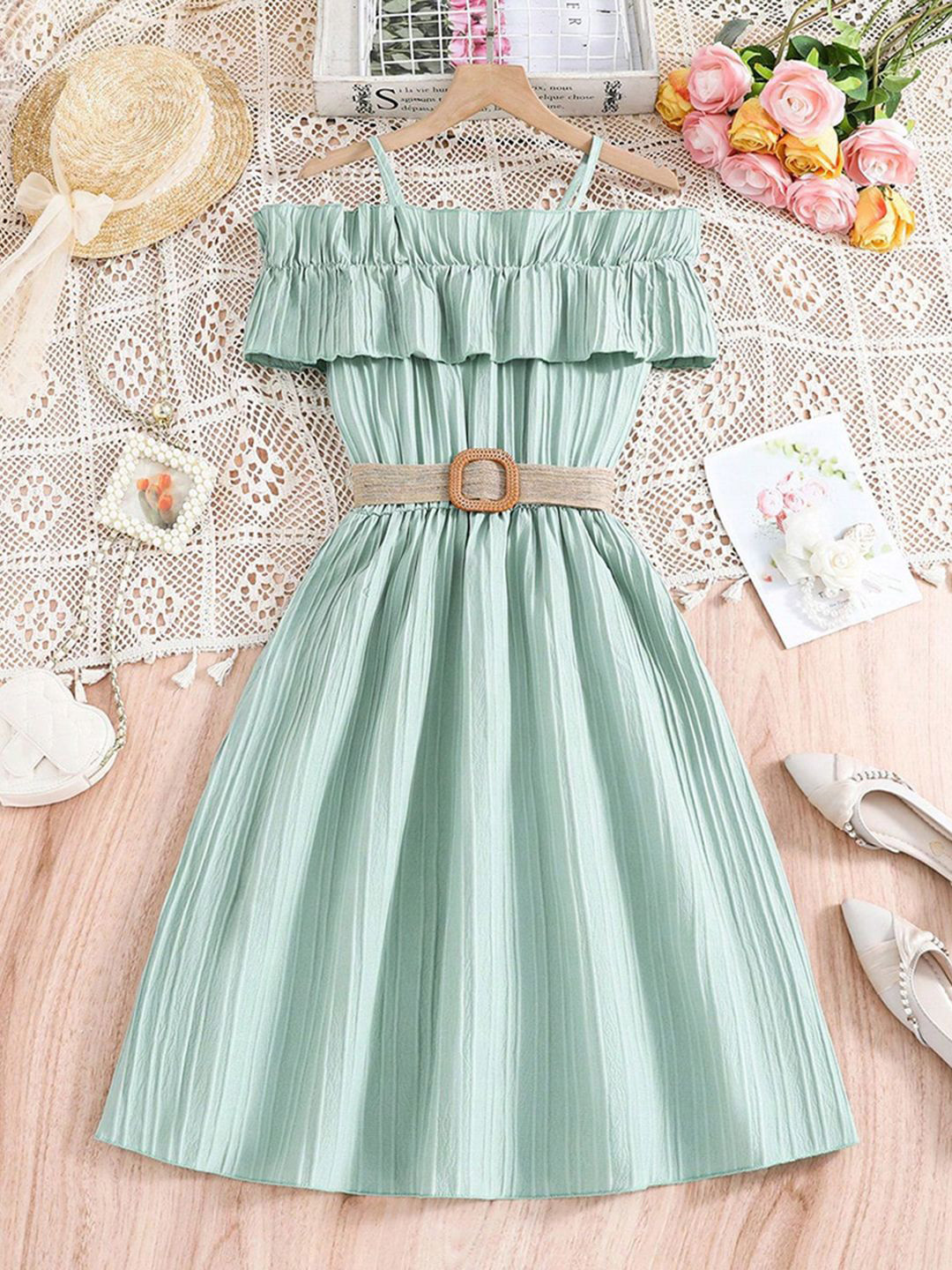 INCLUD Girls Off-Shoulder Fit & Flare Dress Comes with A Belt