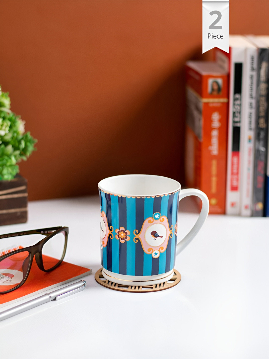 JCPL Blue Striped Ceramic Handmade 2 Piece Mugs-370ml