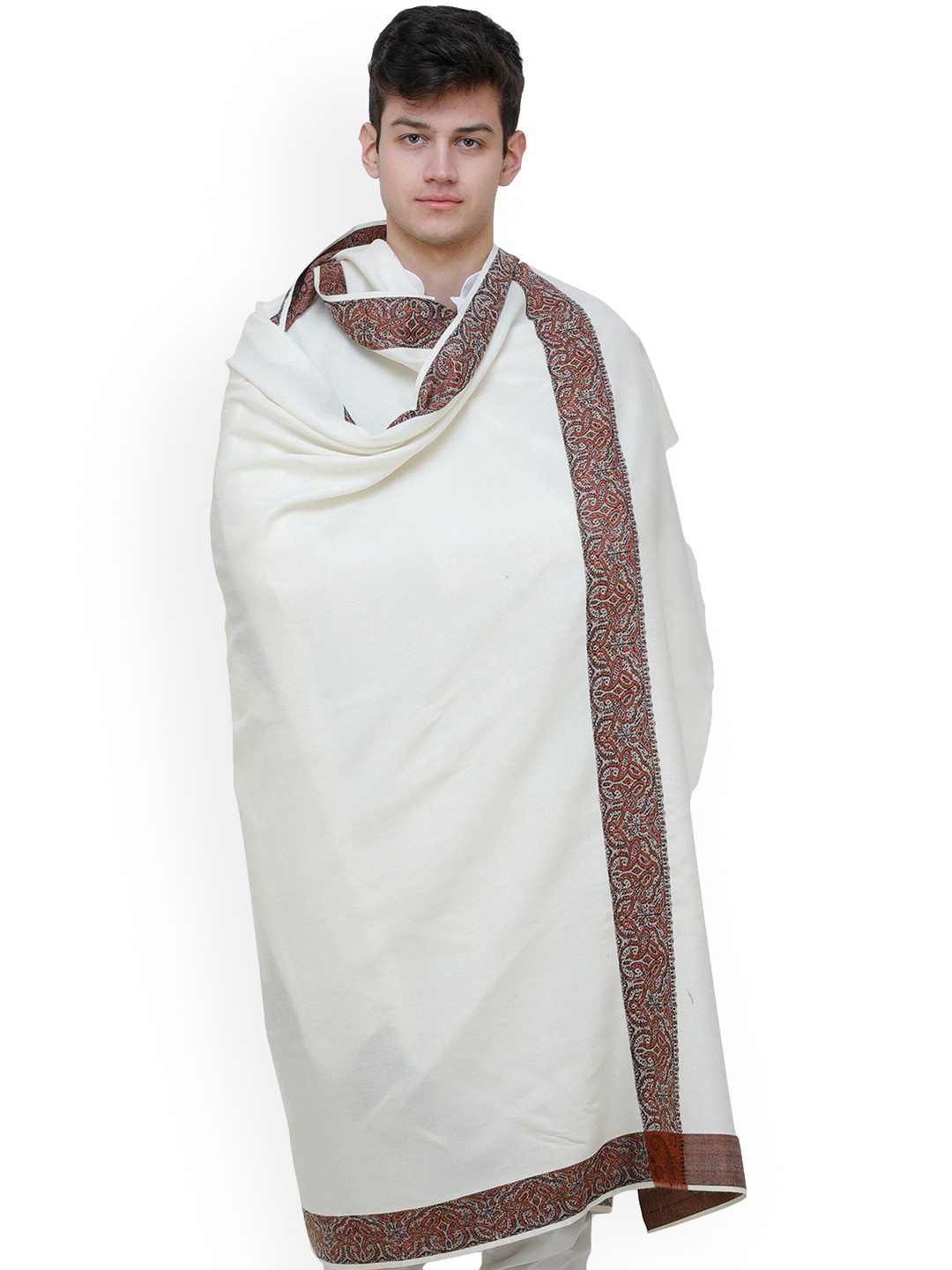 Exotic India Ivory Men's Brown Woven Border Pure Wool Plain Shawl