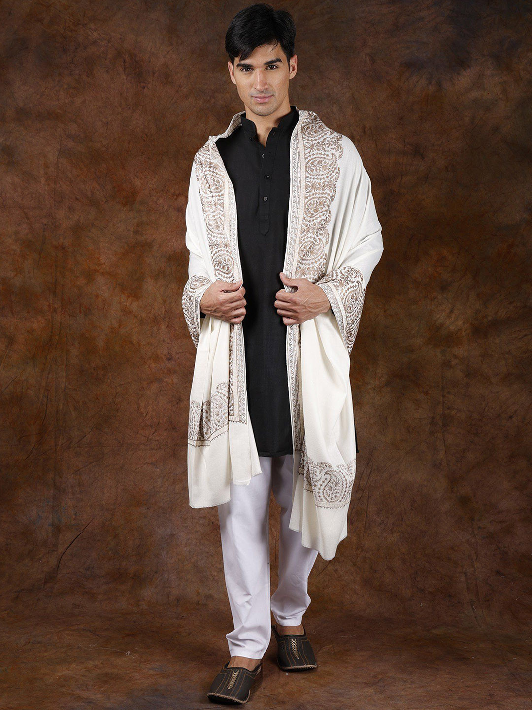 Exotic India Cannoli Cream Aari Embroidered Paisleys Border Pure Wool Shawl