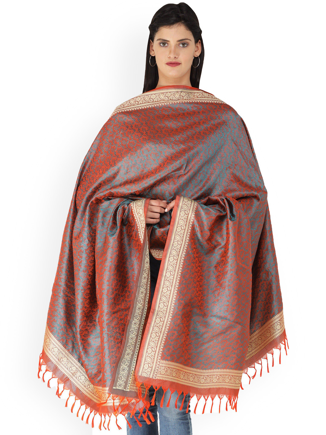 Exotic India Rust Hand-Woven Pure Silk Tanchoi Weave Banarasi Shawl