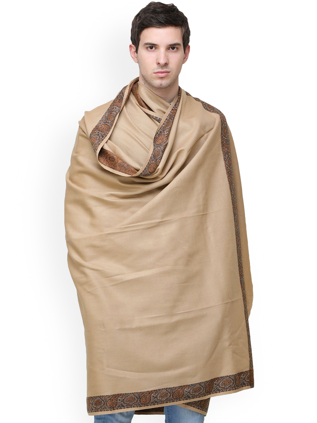 Exotic India Khaki Men's Brown Woven Border Pure Wool Plain Shawl