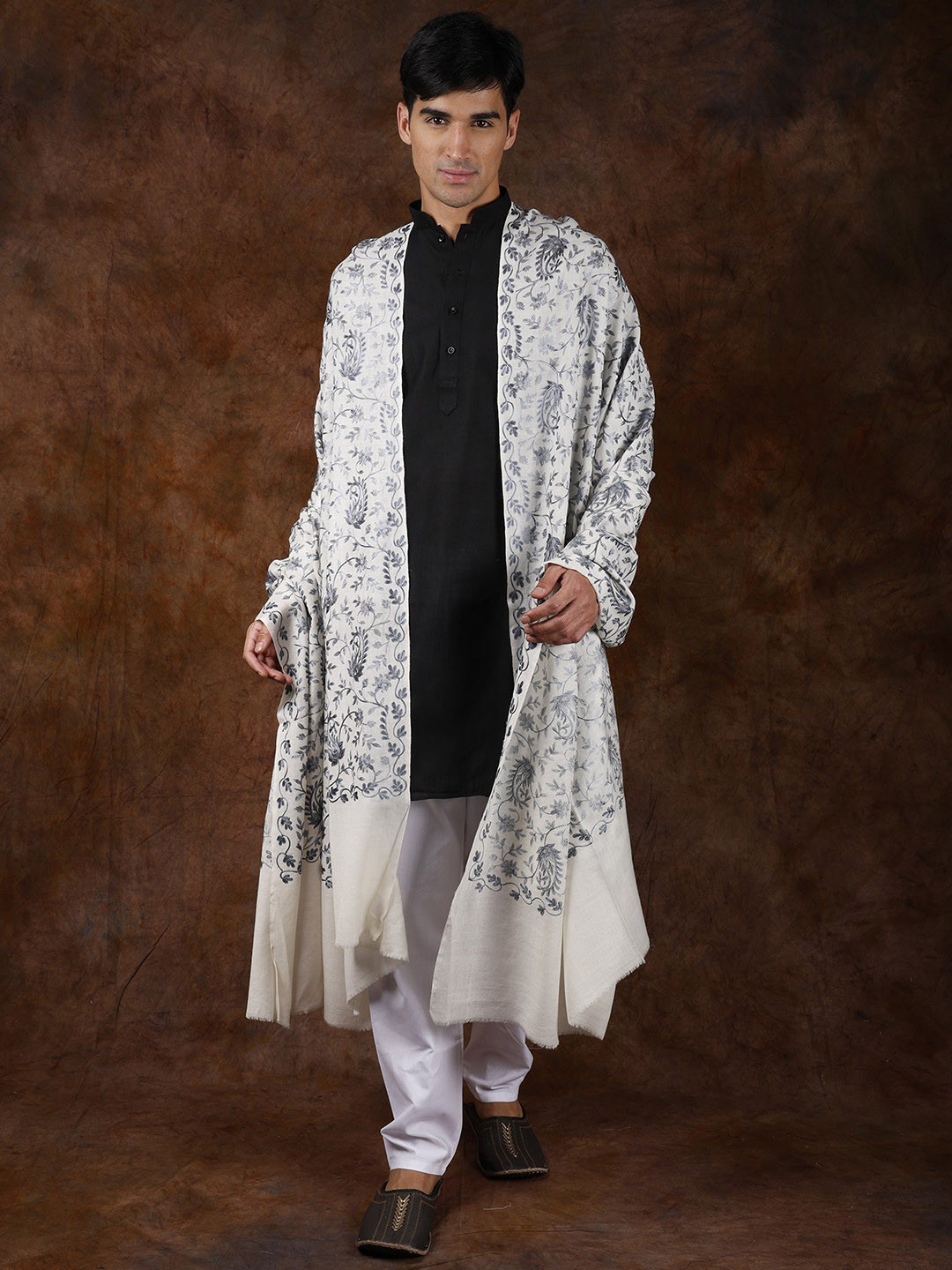 Exotic India Star White Wool Men's Kani Jamawar Flowers & Paiselys Woven Shawl