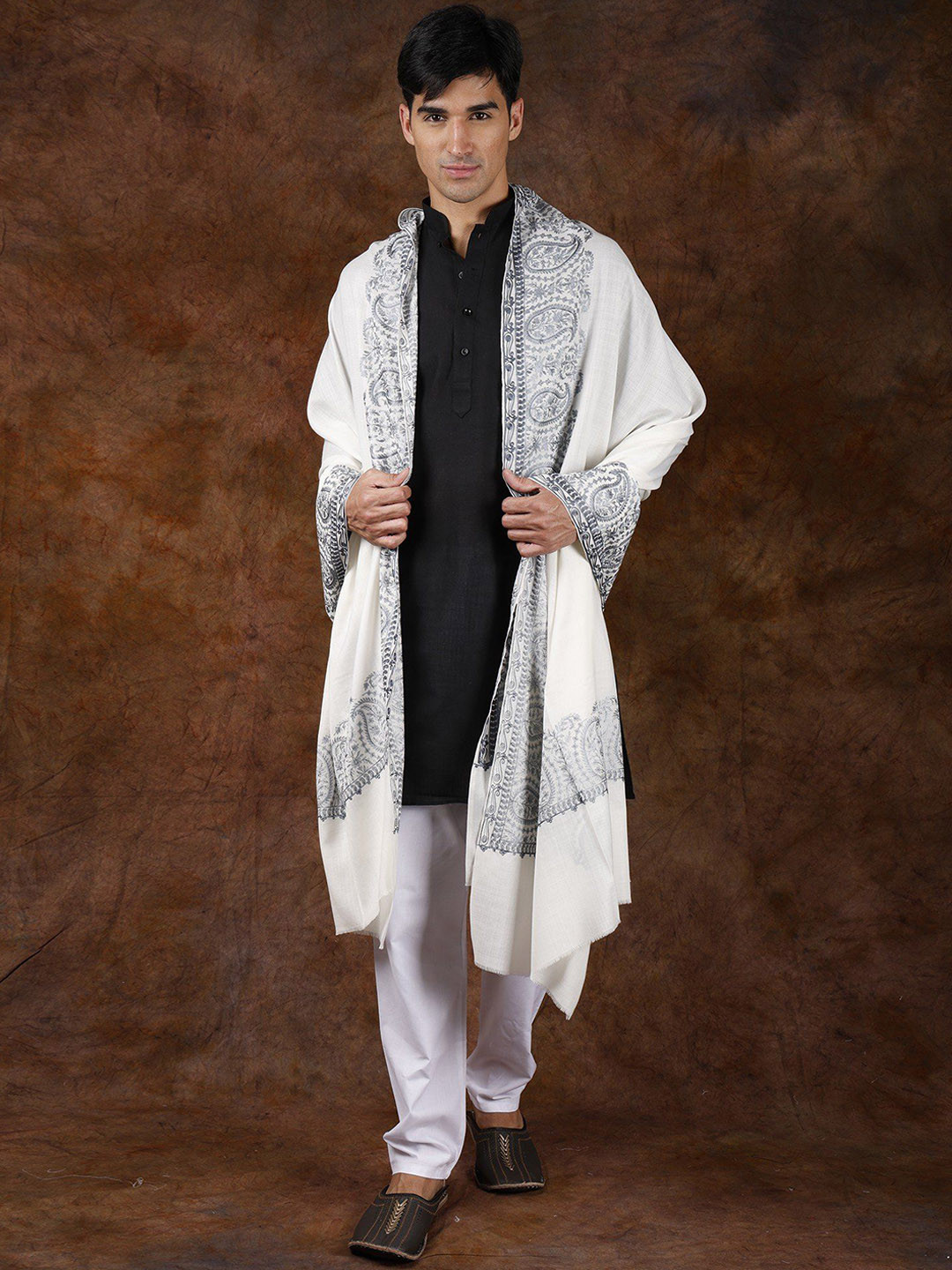 Exotic India Snow White Aari Embroidered Paisleys Border Pure Wool Shawl