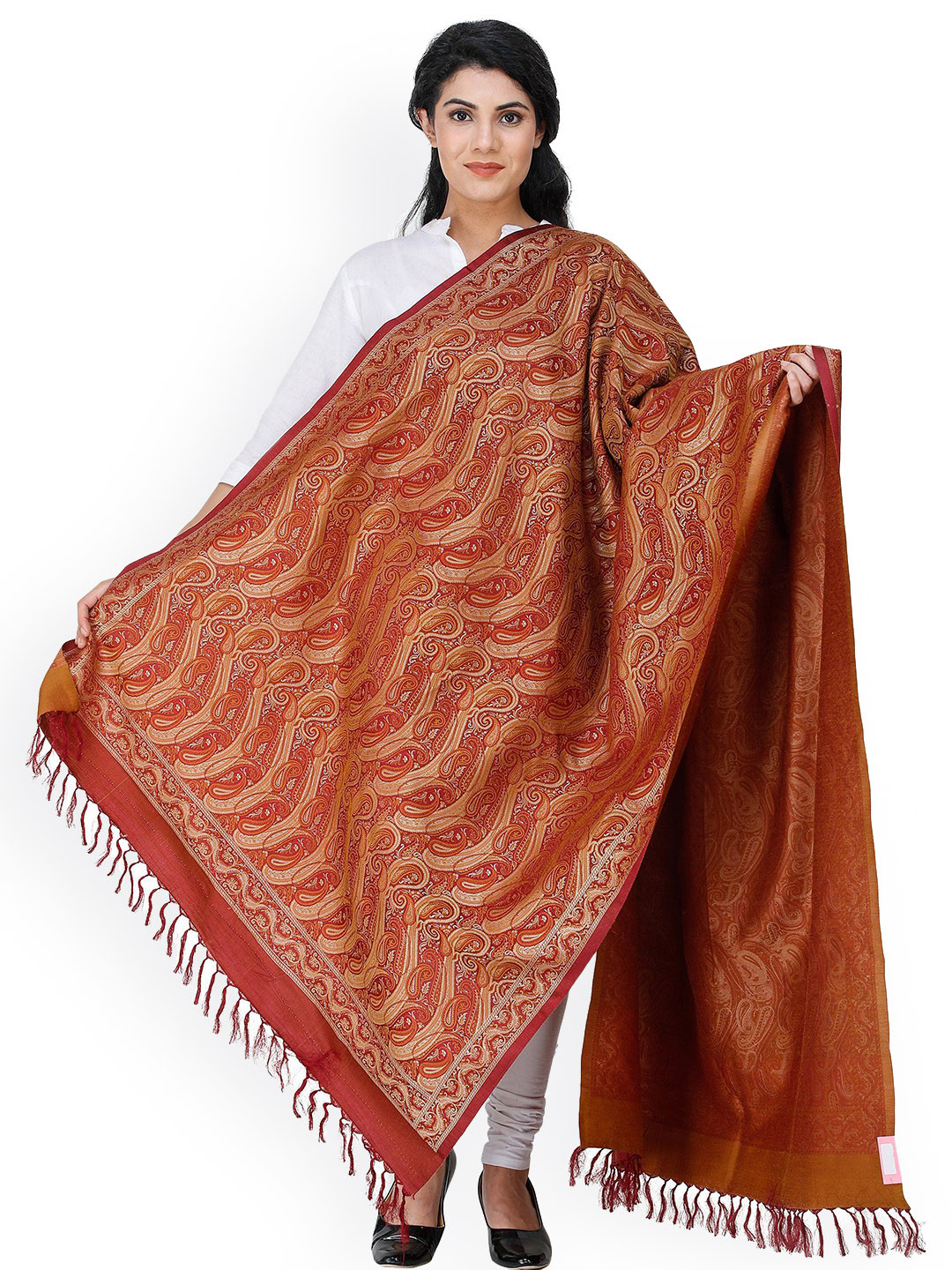 Exotic India Tibetan Red Pure Silk-Wool Stylized Paisleys Weave Banarasi Shawl