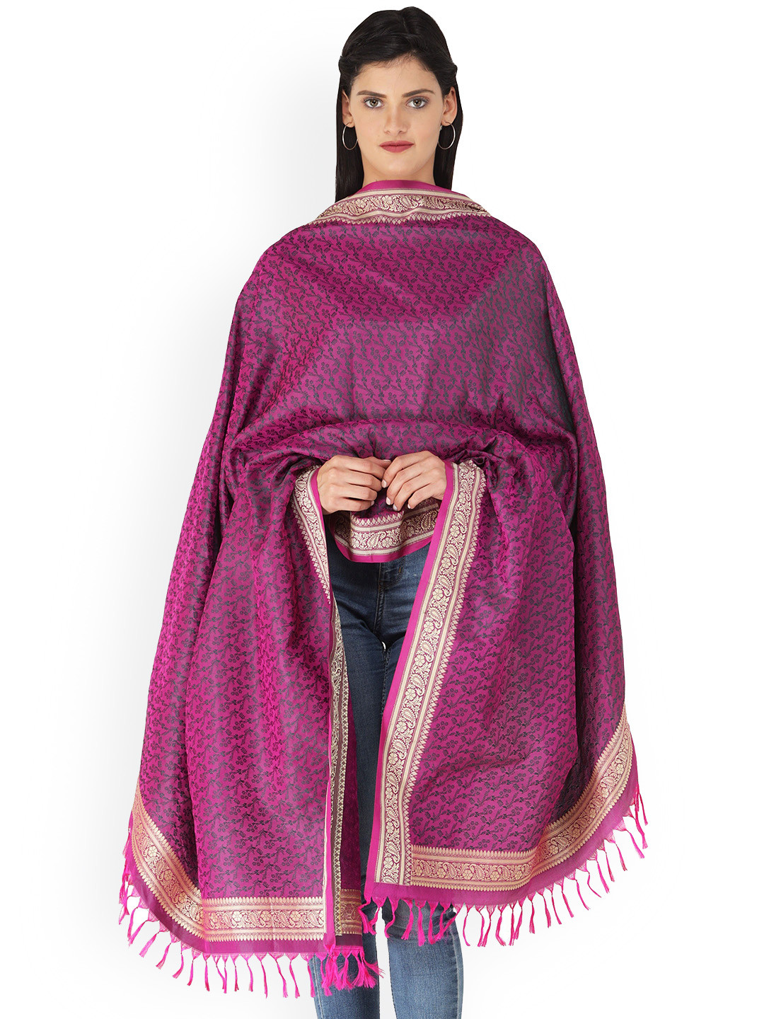 Exotic India Fuchsia Green Hand-Woven Pure Silk Tanchoi Weave Banarasi Shawl