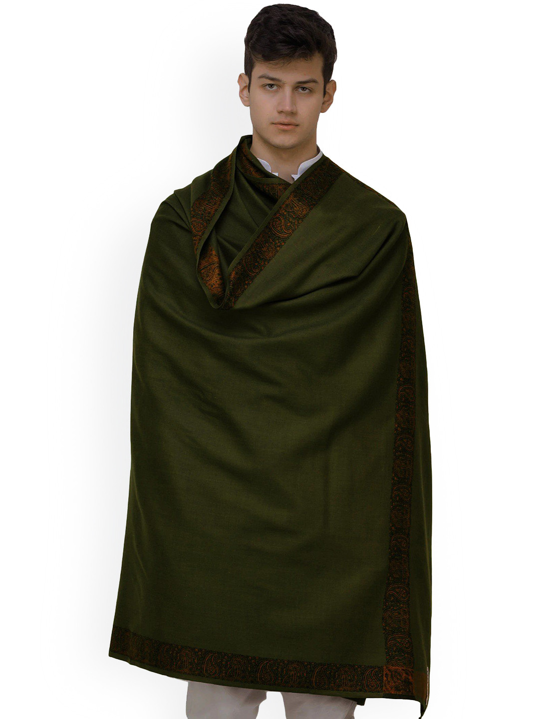 Exotic India Military Olive Men's Brown Woven Border Pure Wool Plain Shawl