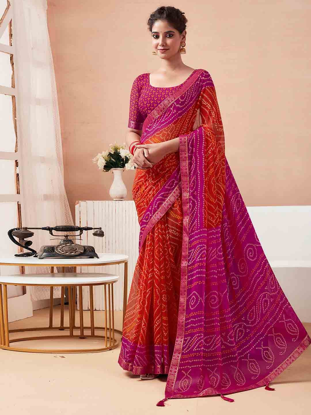 KALINI Zari Pure Chiffon Bandhani Saree
