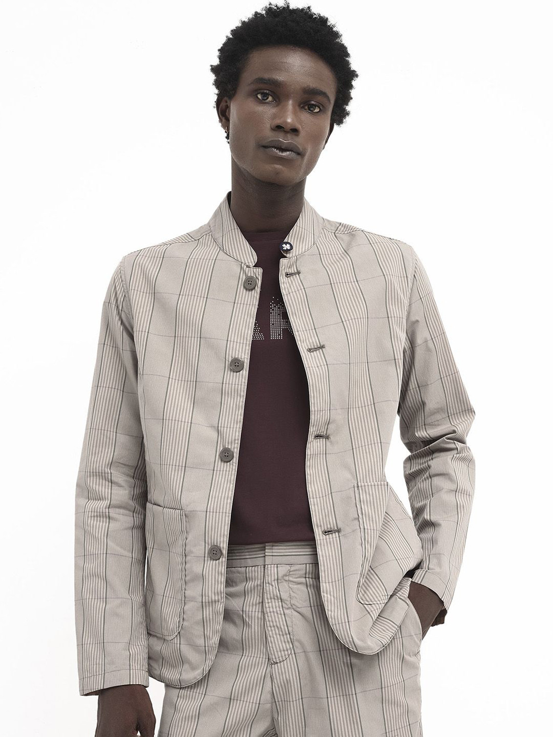 RARE RABBIT Men Brez Checked Stand Collar Tailored Jacket