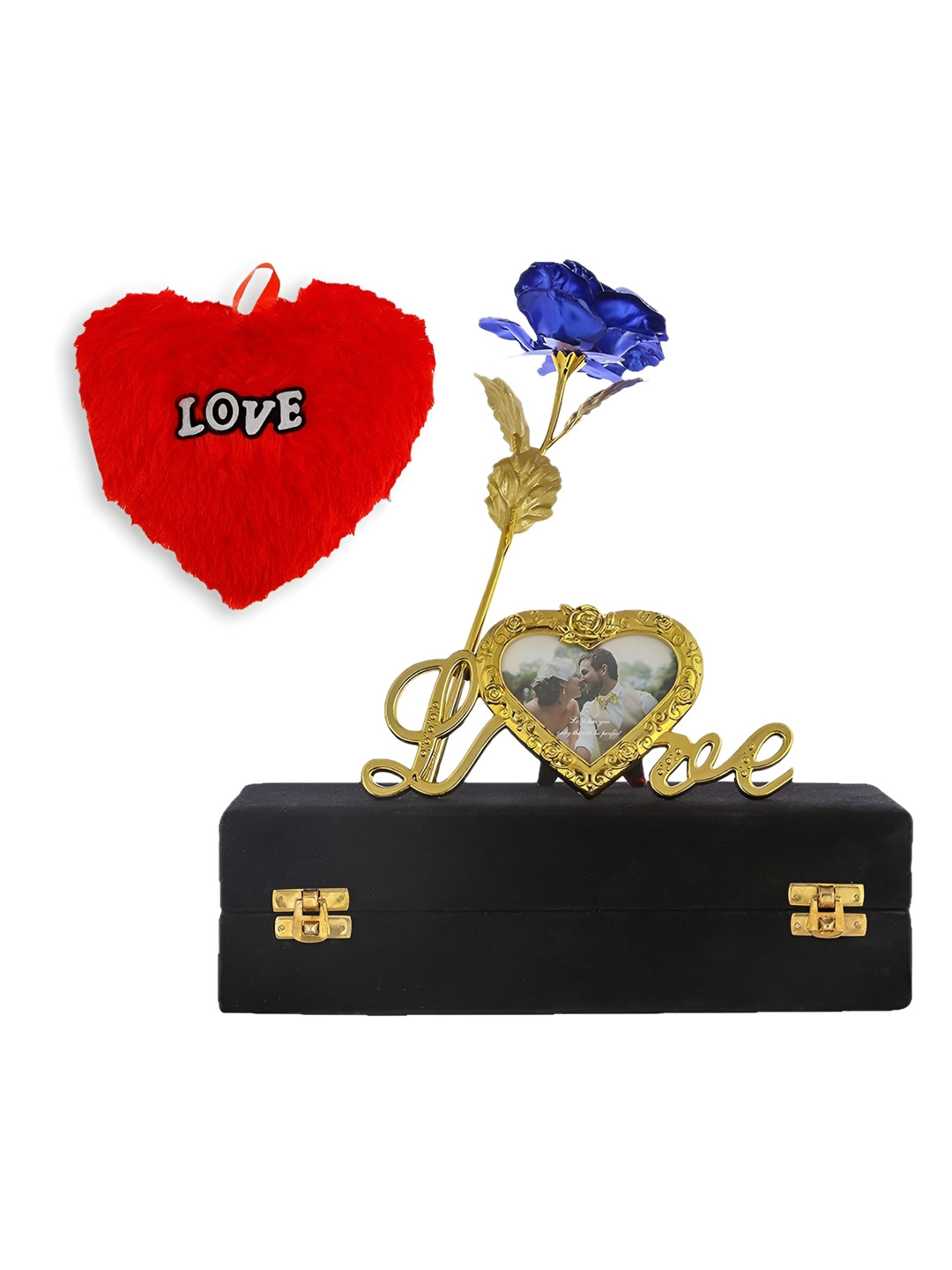 INTERNATIONAL GIFT Blue & Red 2 Pieces Rose with Heart Emoji and Photo Frame