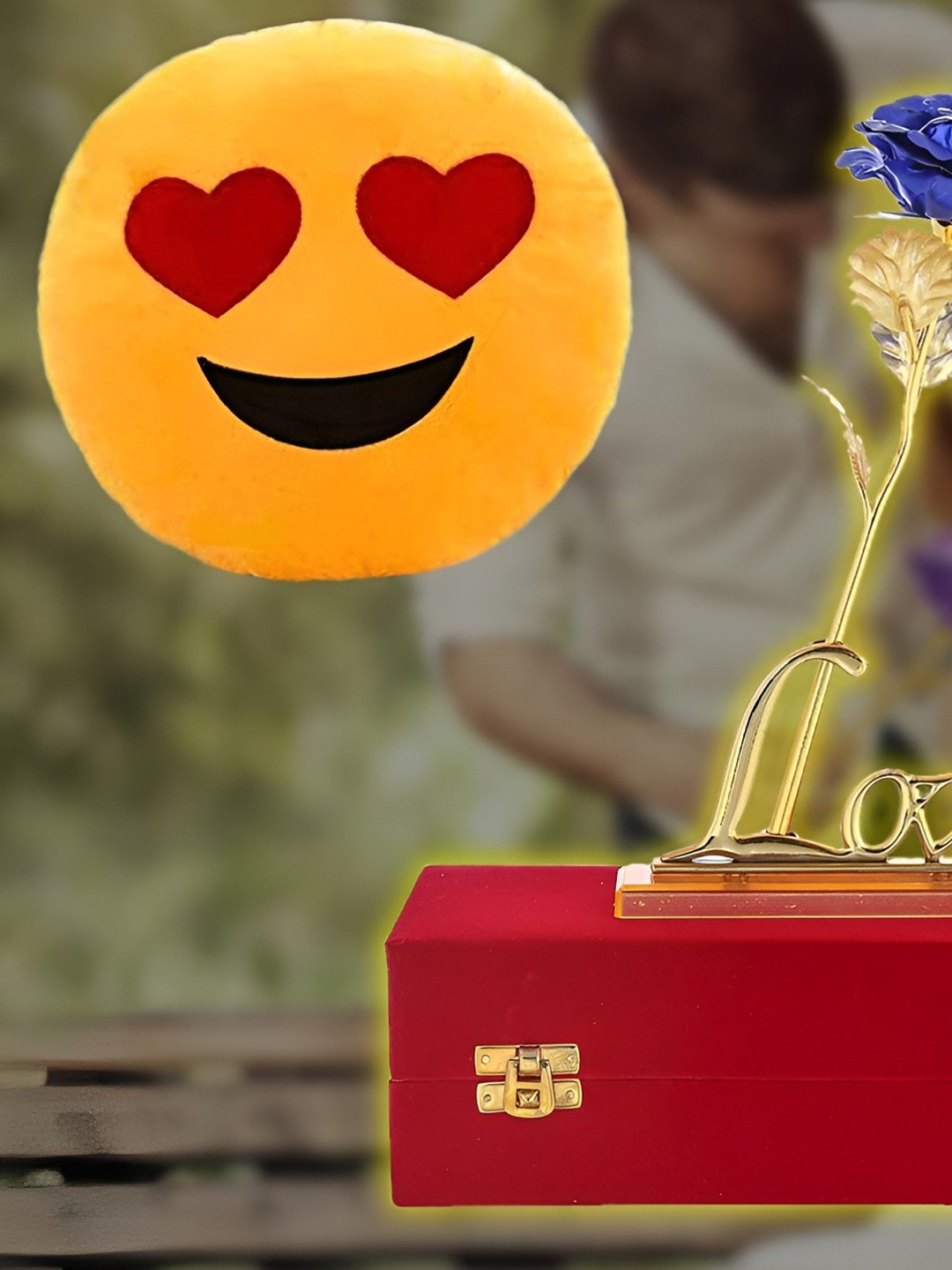 INTERNATIONAL GIFT  Blue & Yellow 2 Pieces Rose with Love Stand & Emoji Cushion