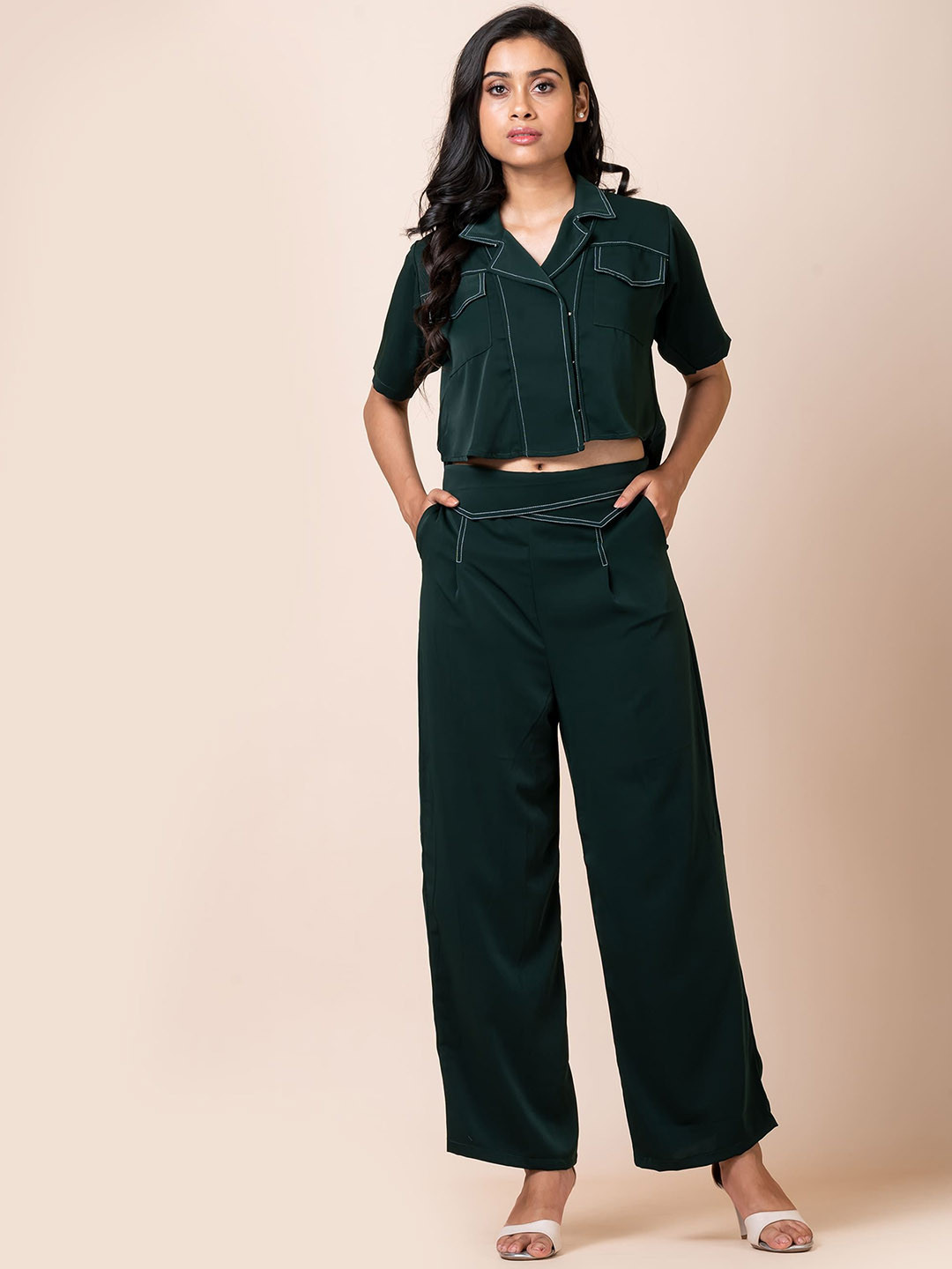 SARSO Notched Lapelled Collar Short Sleeves High-Low Casual Shirt With Palazzos