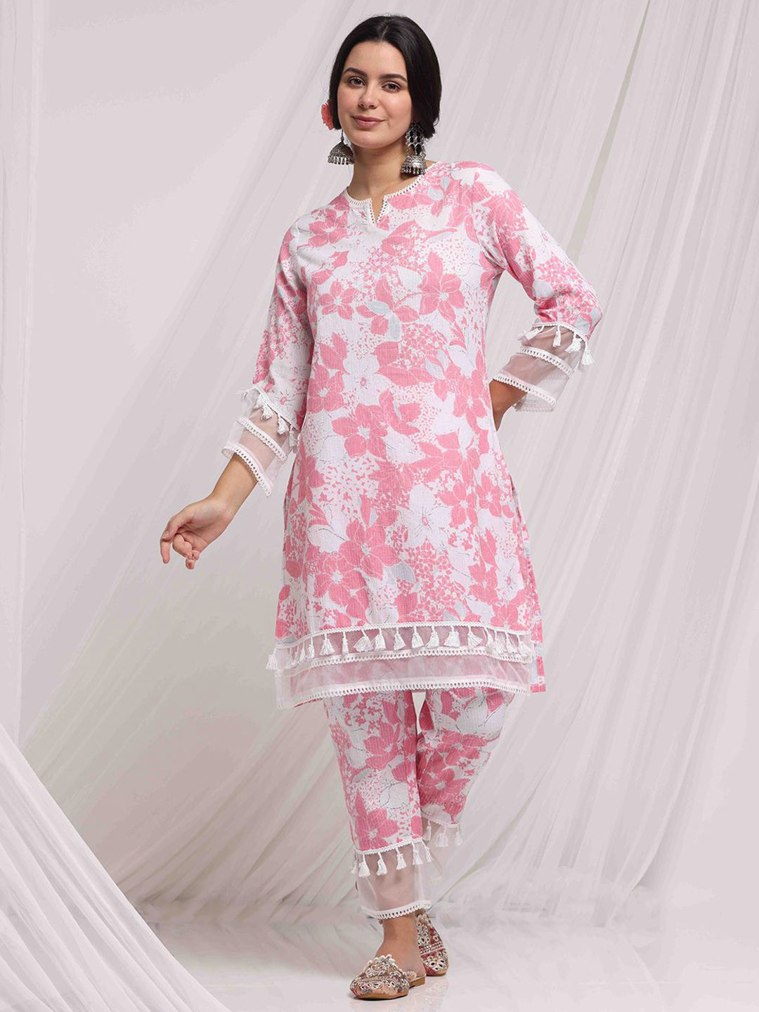 Anouk Pink Floral Printed Kantha Work Pure Cotton Kurta With Trousers