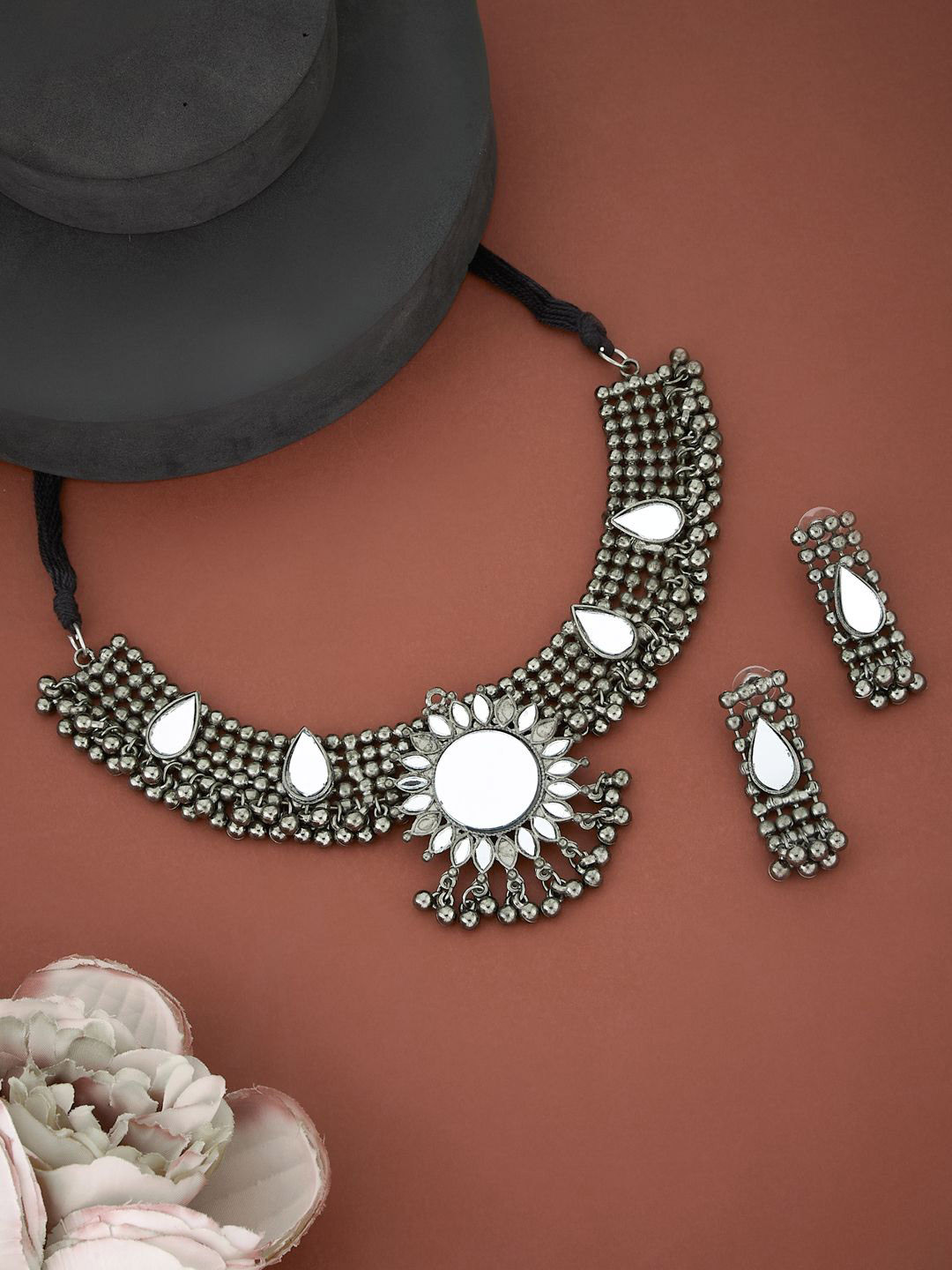 ATIBELLE German Silver Plated & Floral Shaped Mirror Stone Studded jewellery set