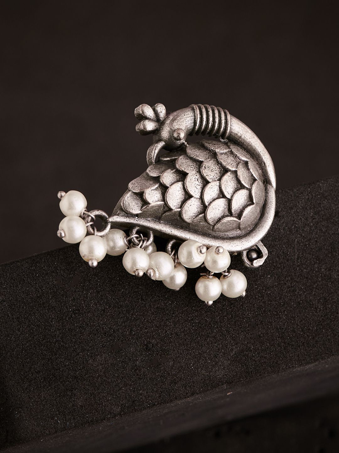 ATIBELLE Artificial Beads Silver Plated Peacock Design German Silver Finger Ring