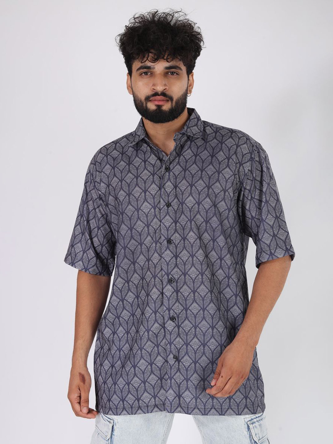 BROWN BROTHERS Relaxed Geometric Printed Spread Collar Long Sleeves Oversized Casual Shirt