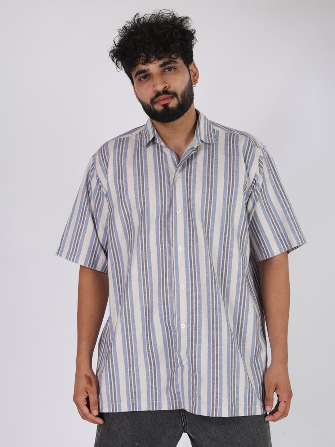 BROWN BROTHERS Relaxed Multi Striped Spread Collar Short Sleeves Oversized Casual Shirt