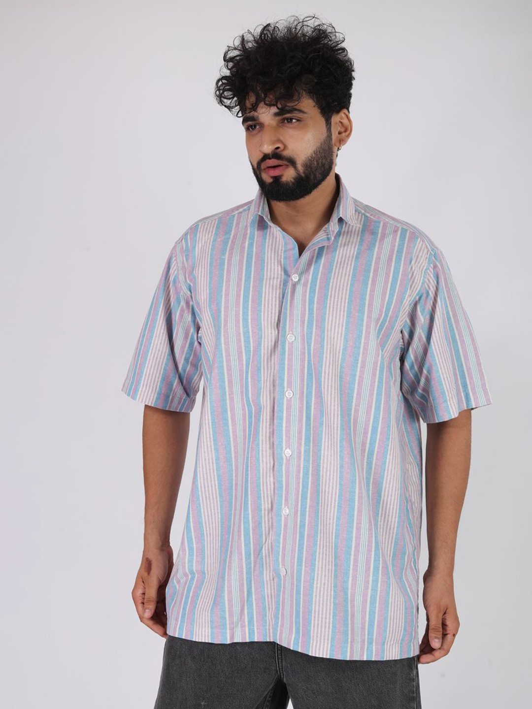 BROWN BROTHERS Relaxed Multi Striped Spread Collar Short Sleeves Casual Shirt