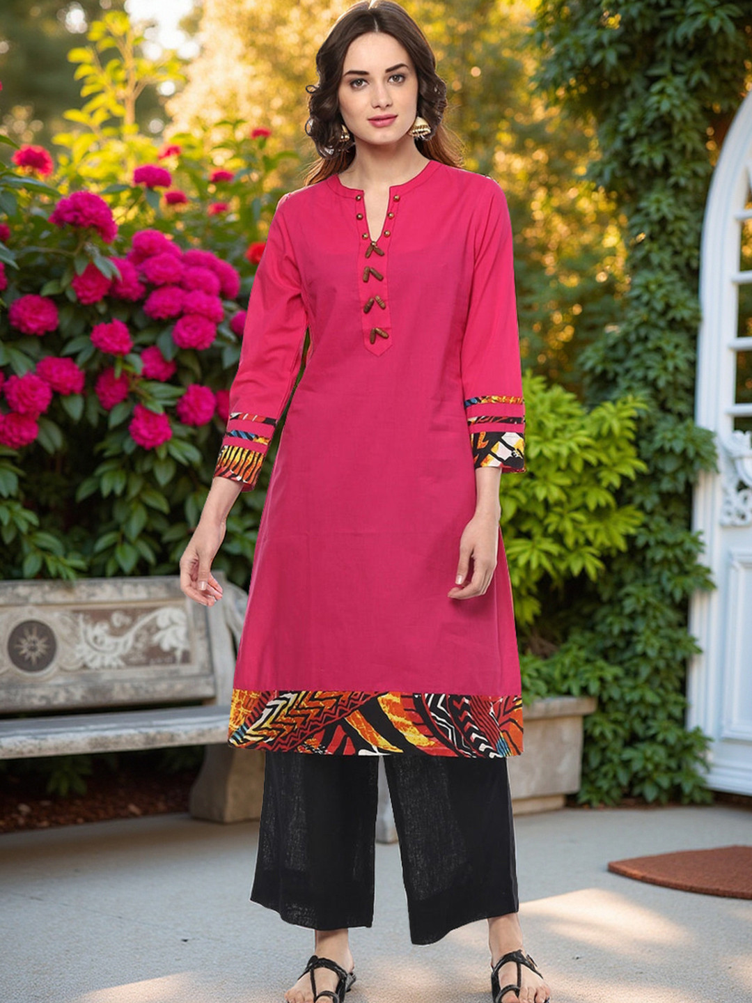 Pannkh Notched Neck Beads and Stones Cotton A Line Kurta