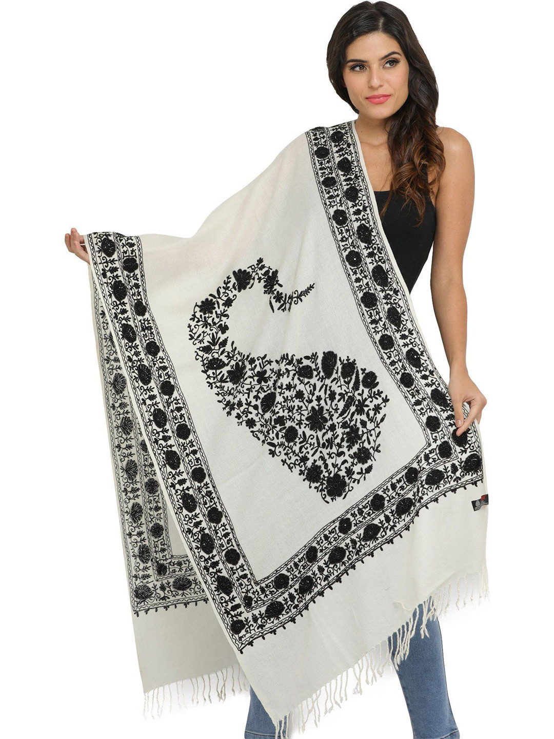 Exotic India Ivory And Black Pure Wool Ari Stole with Embroidered-Beads