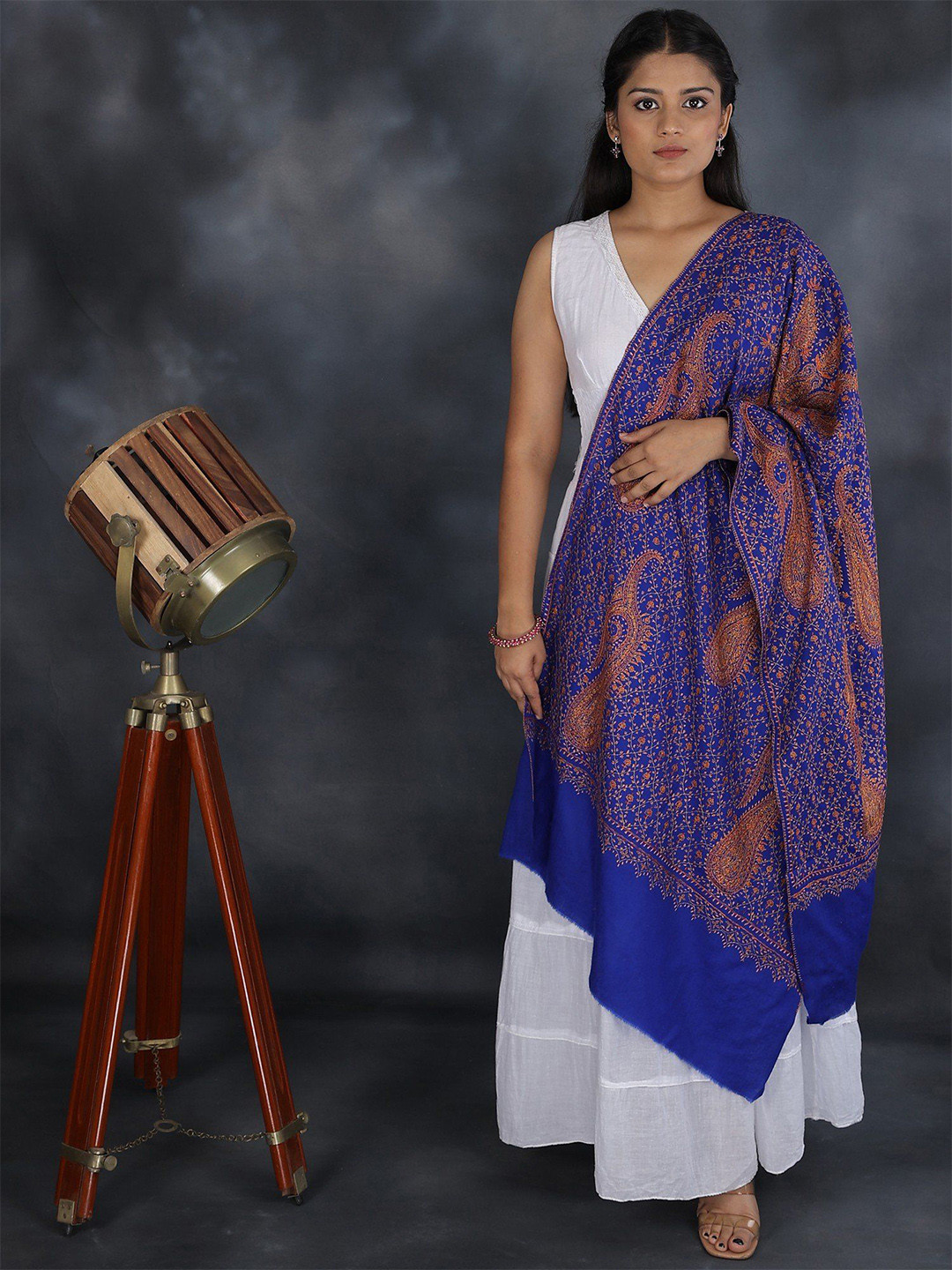 Exotic India Brilliant Blue Pure Wool Sozni Hand Embroidered Paisley Kashmiri Tusha Stole