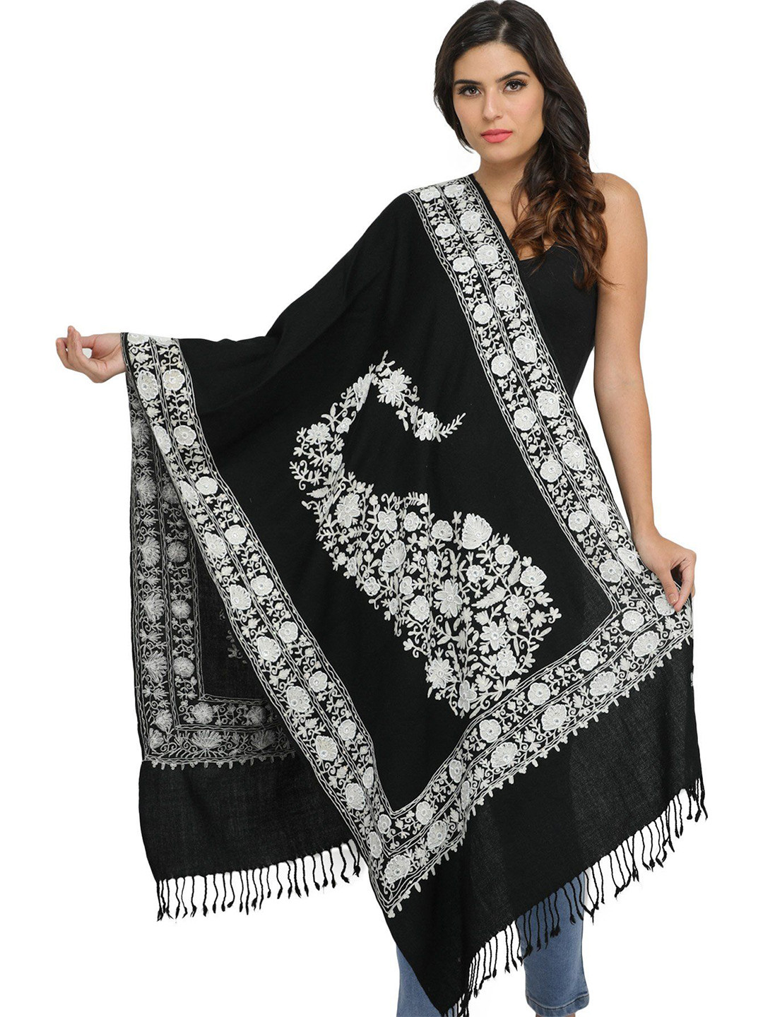 Exotic India Jet Black Pure Wool Ari Stole with Embroidered-Beads